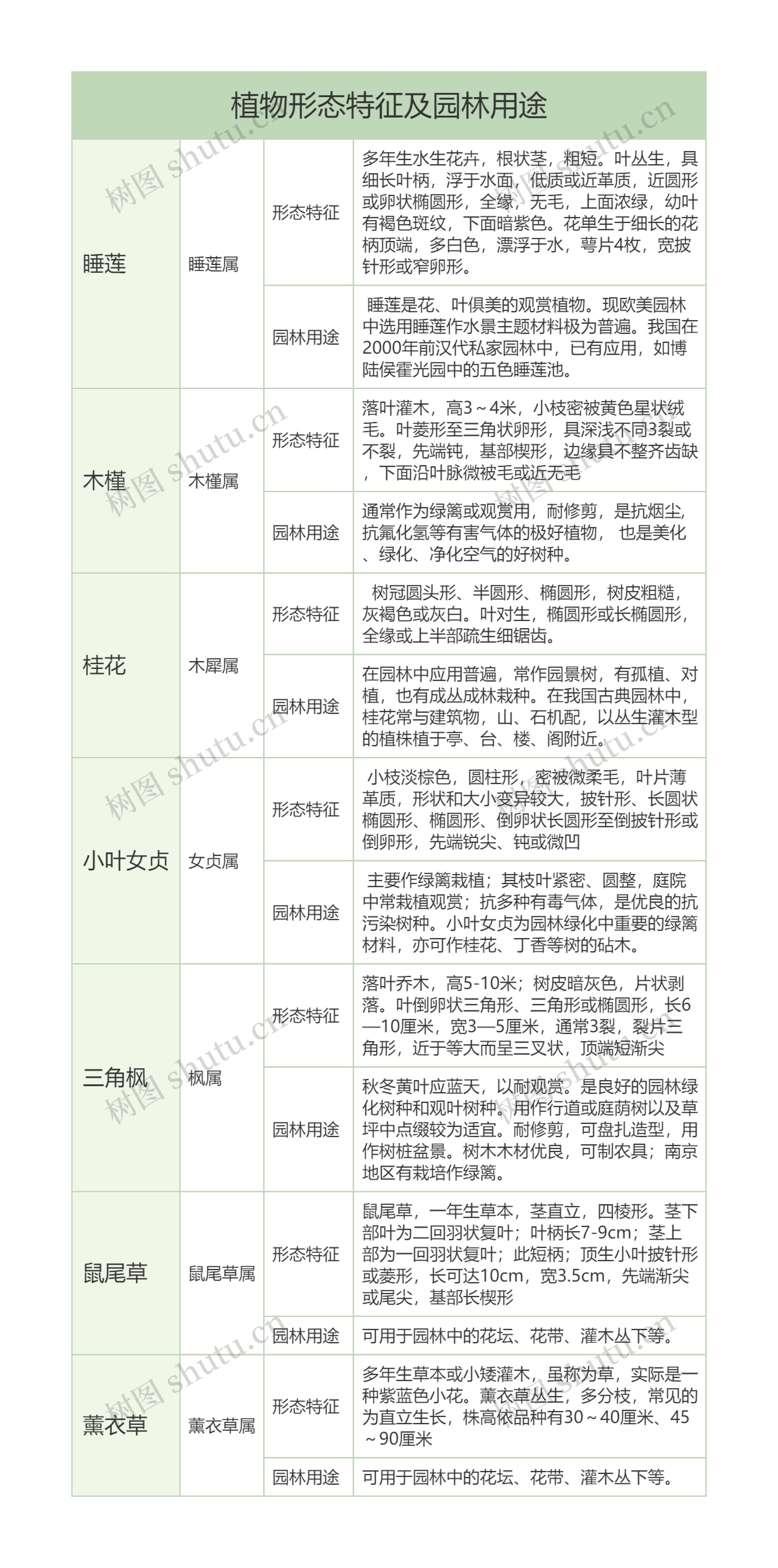 植物形态特征及园林用途树形表格