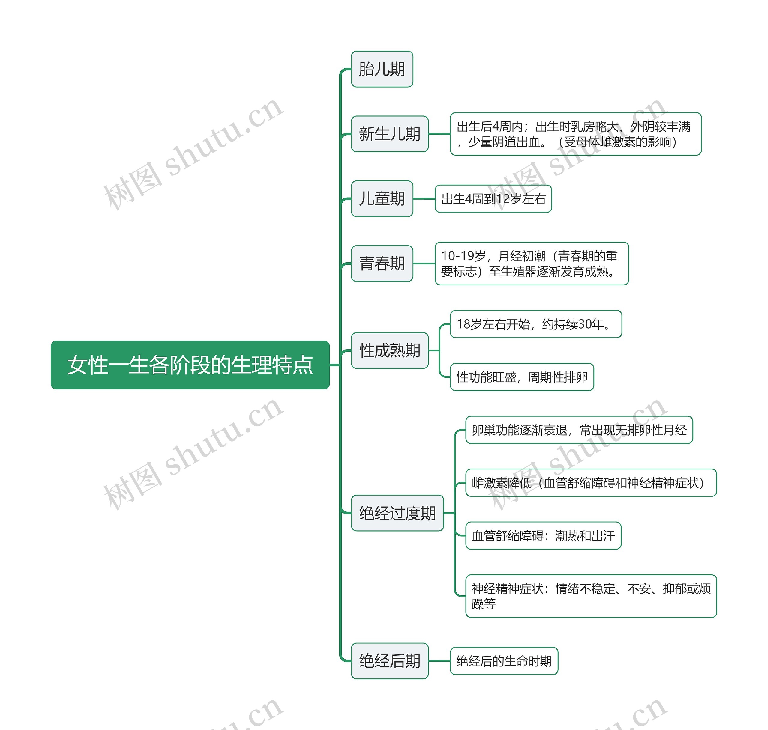 女性一生各阶段的生理特点思维导图