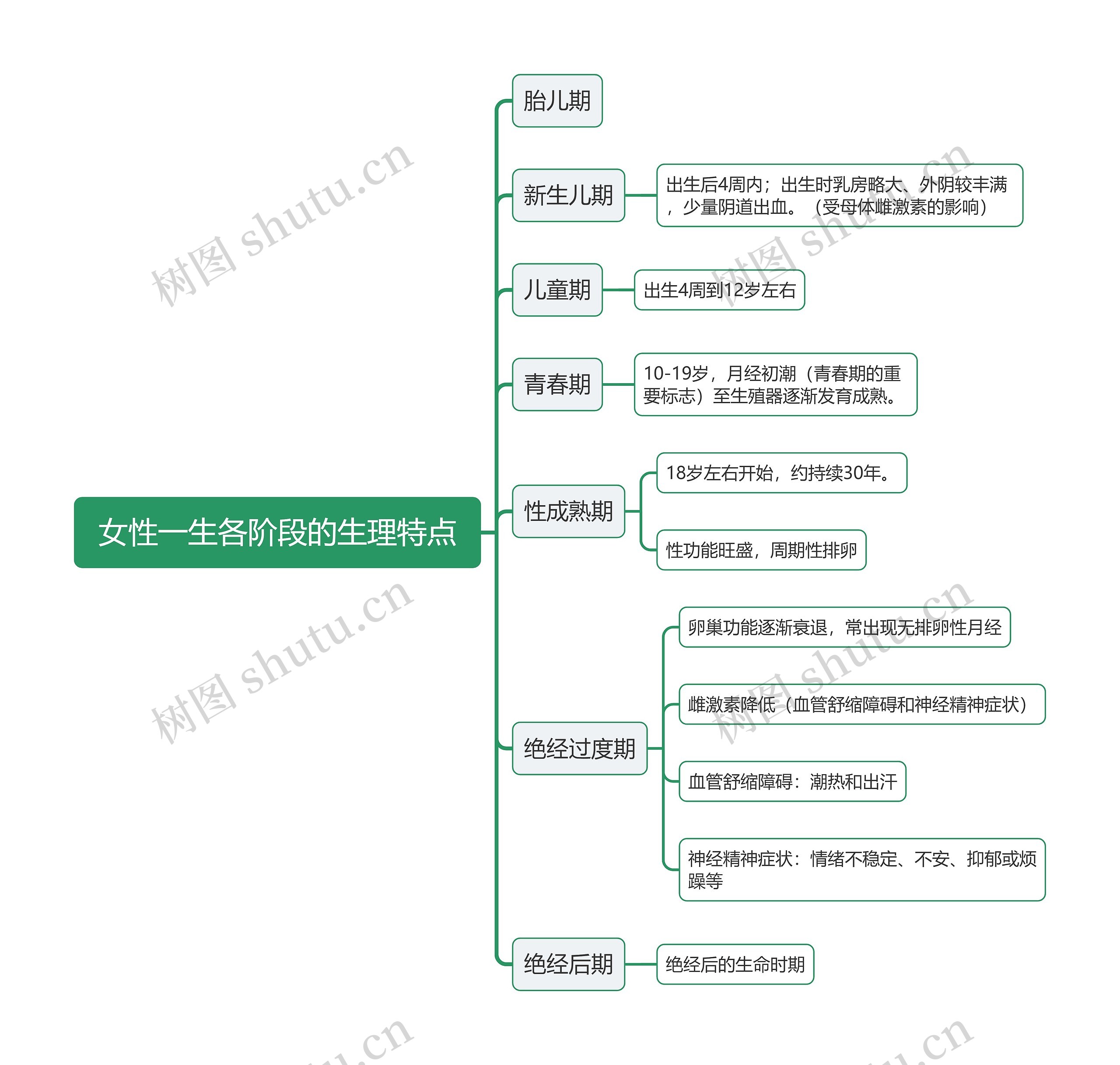 女性一生各阶段的生理特点思维导图