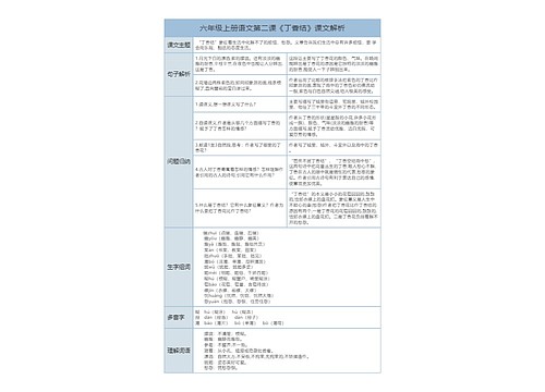 小学六年级上册语文第二课《丁香结》课文解析树形表格