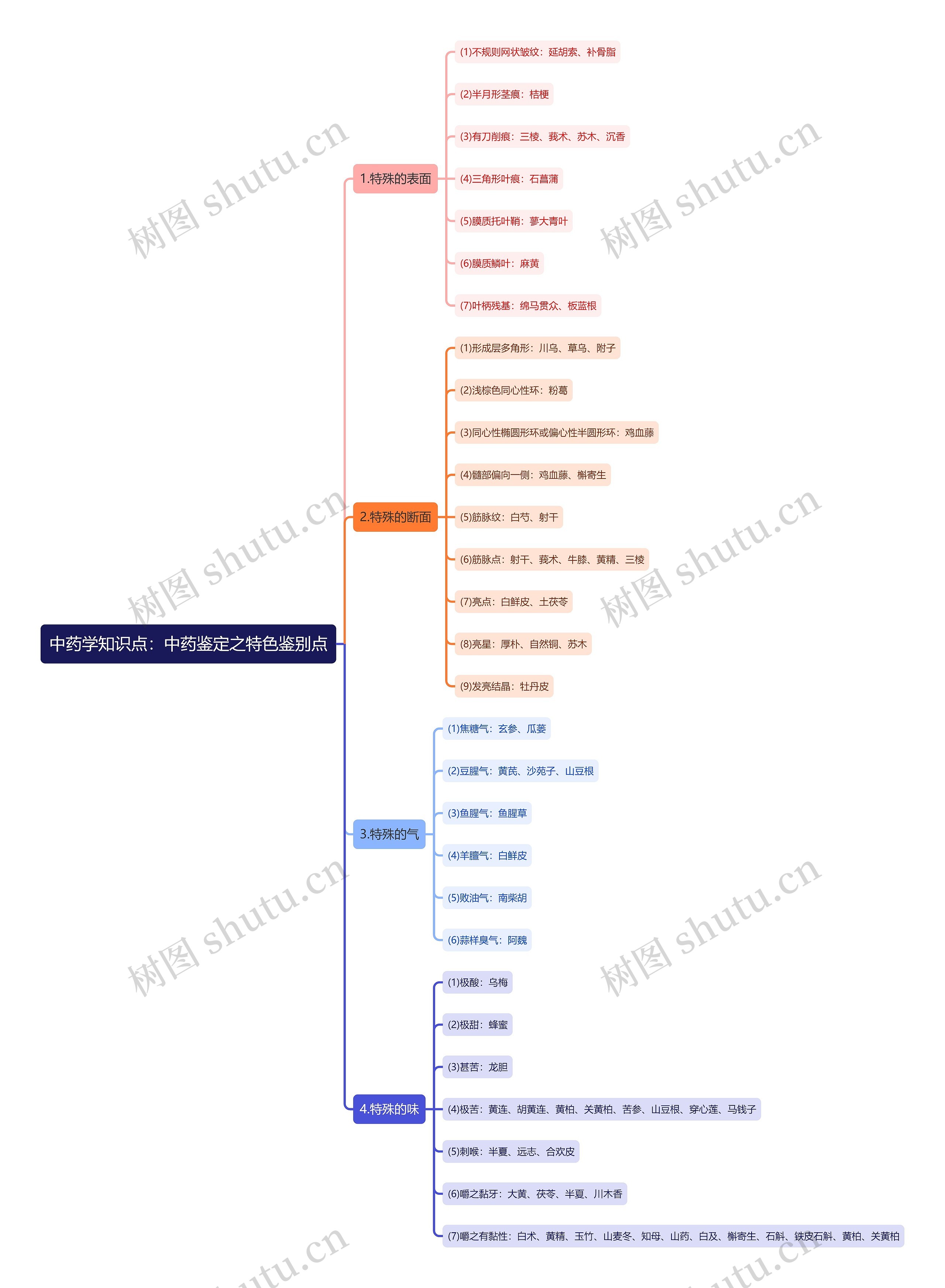 中药学知识点：中药鉴定之特色鉴别点思维导图