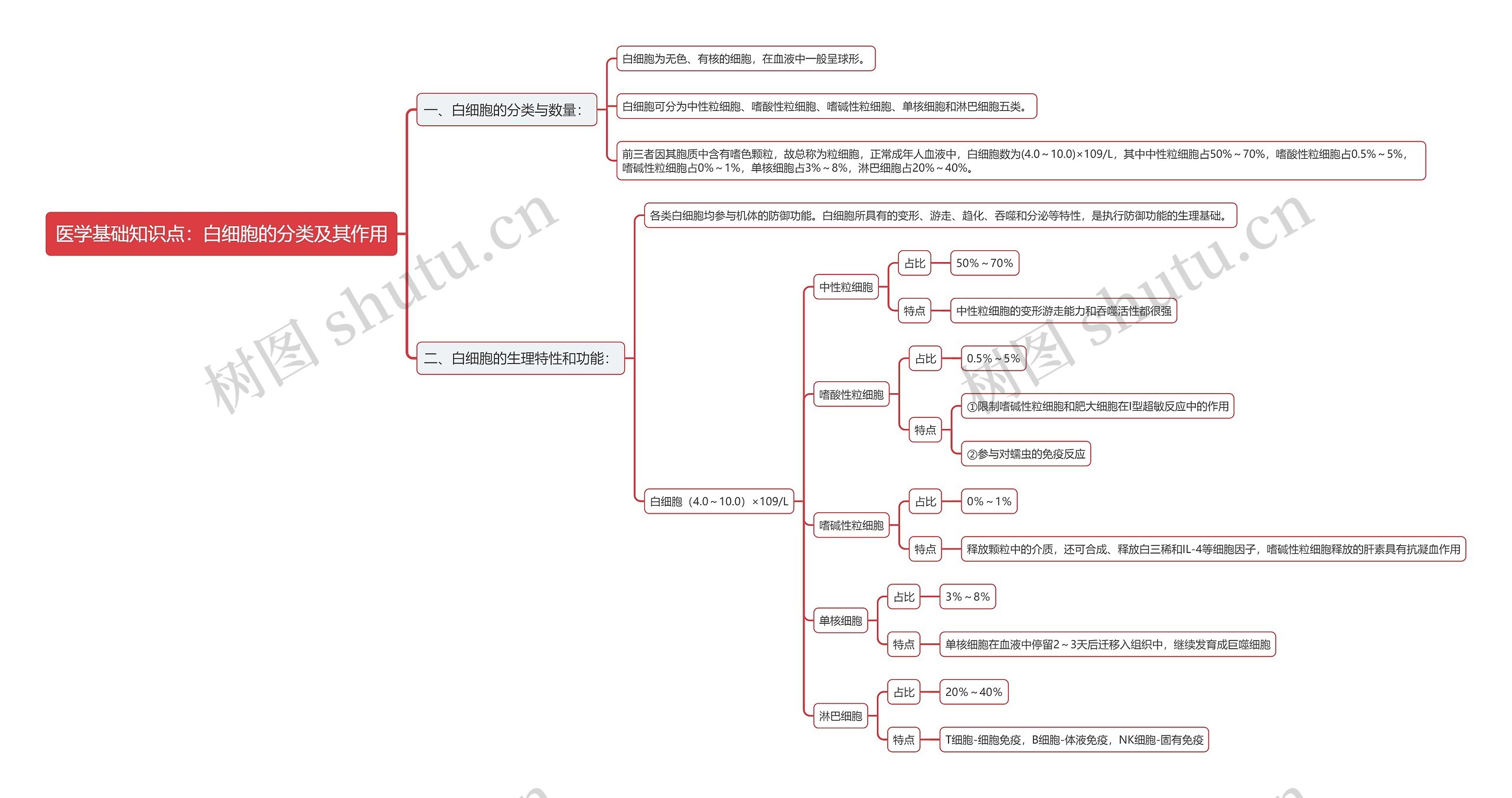 医学基础知识点：白细胞的分类及其作用思维导图