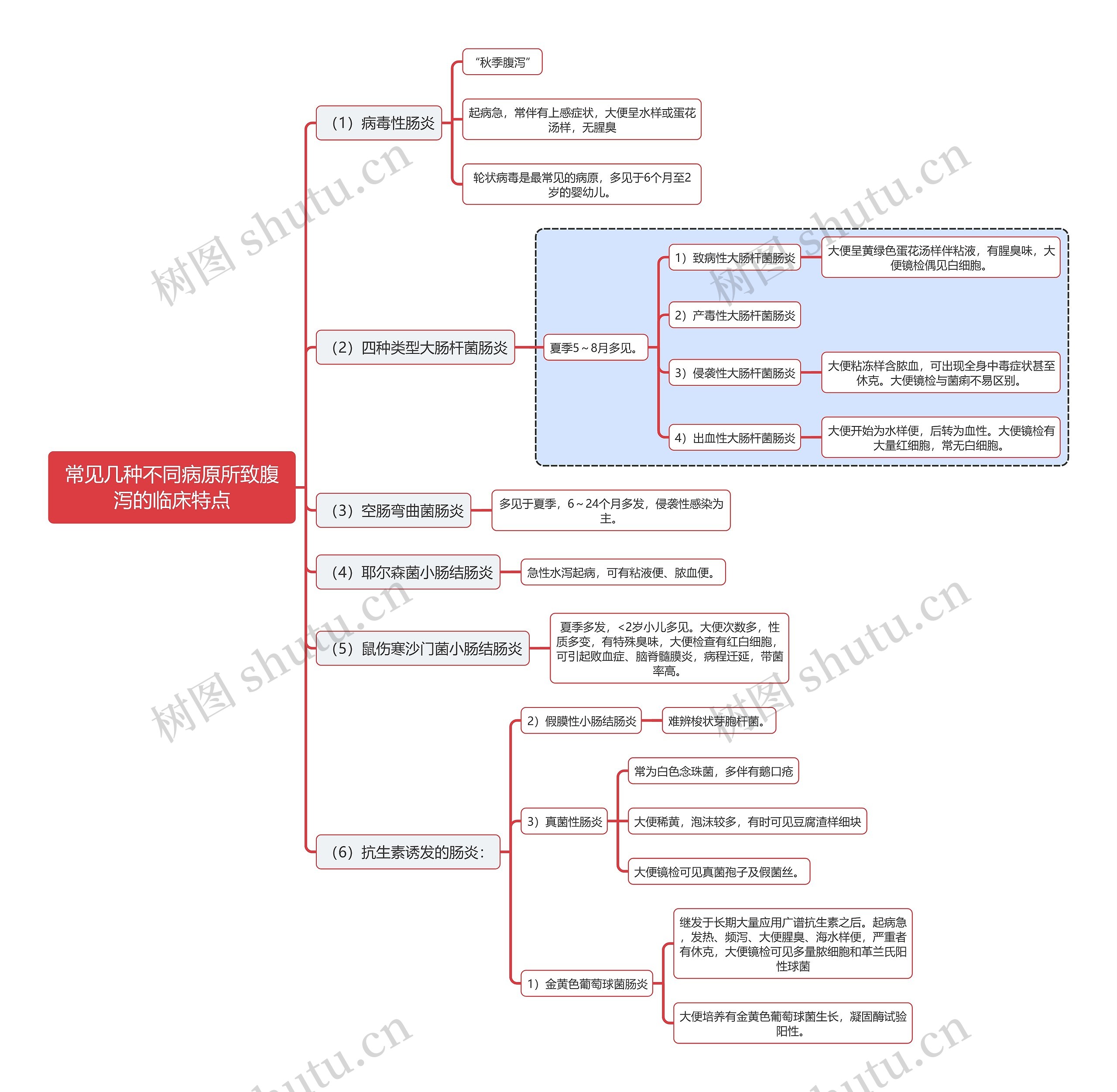医学知识常见几种不同病原所致腹泻的临床特点思维导图