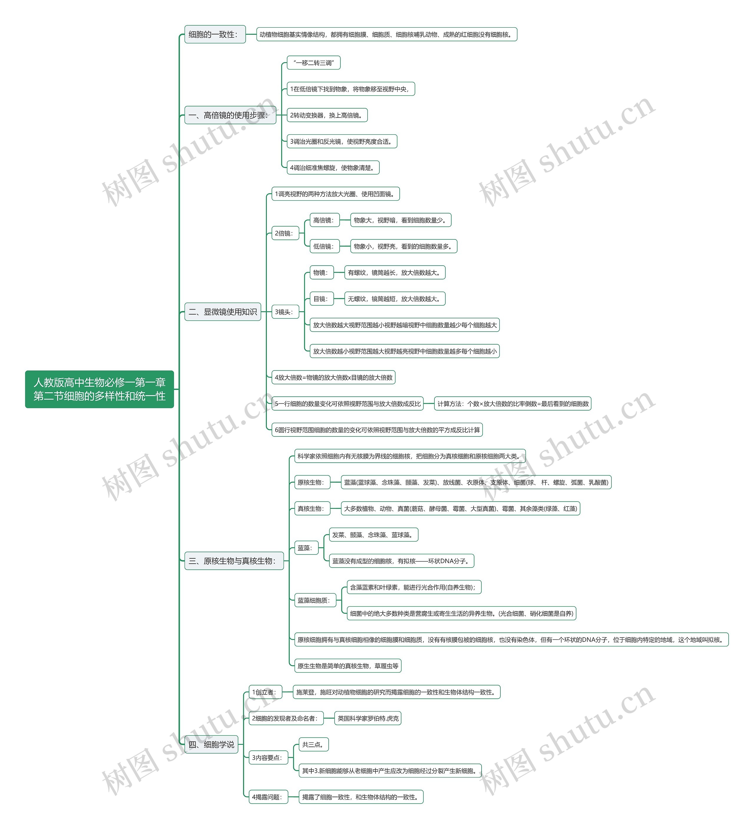人教版高中生物必修一第一章第二节细胞的多样性和统一性思维导图