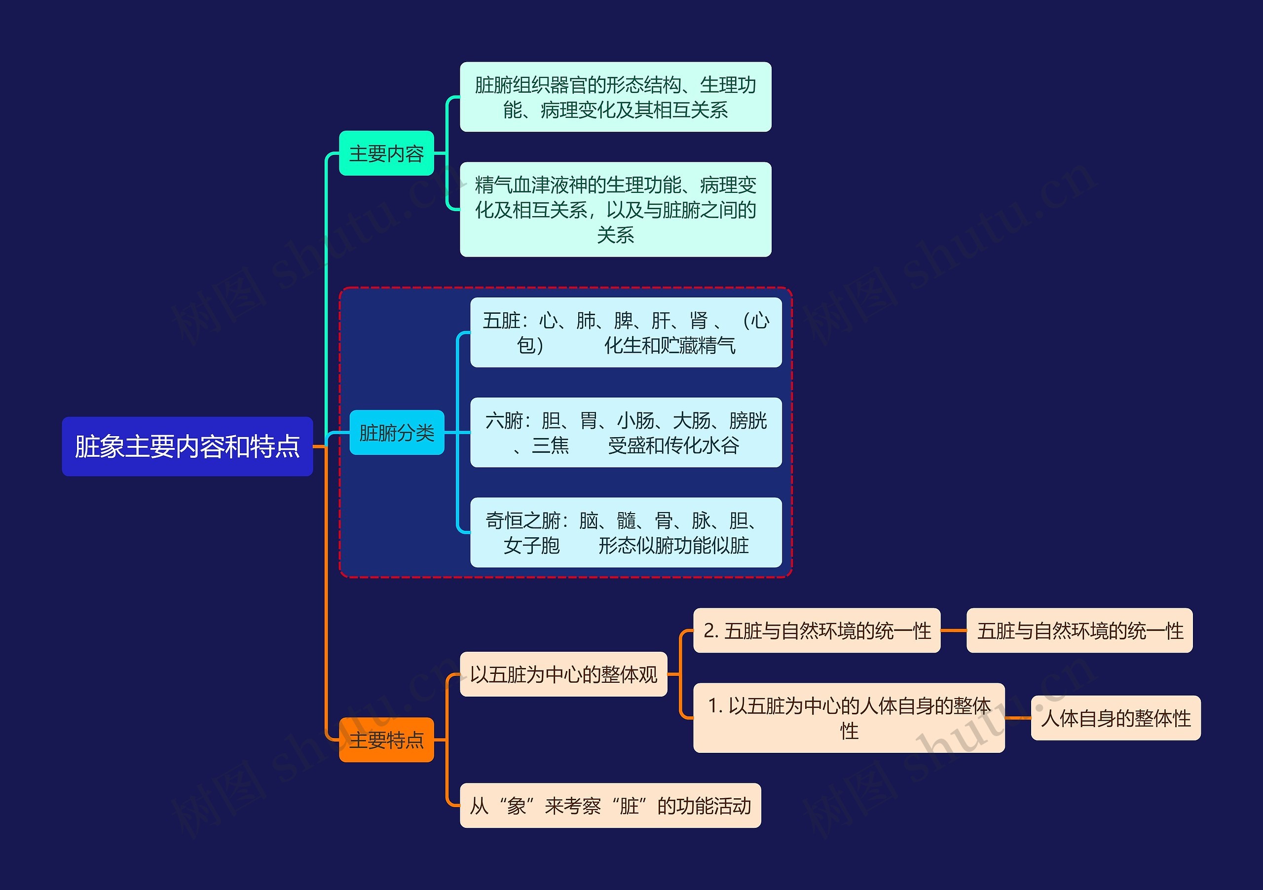 中医知识脏象主要内容和特点思维导图