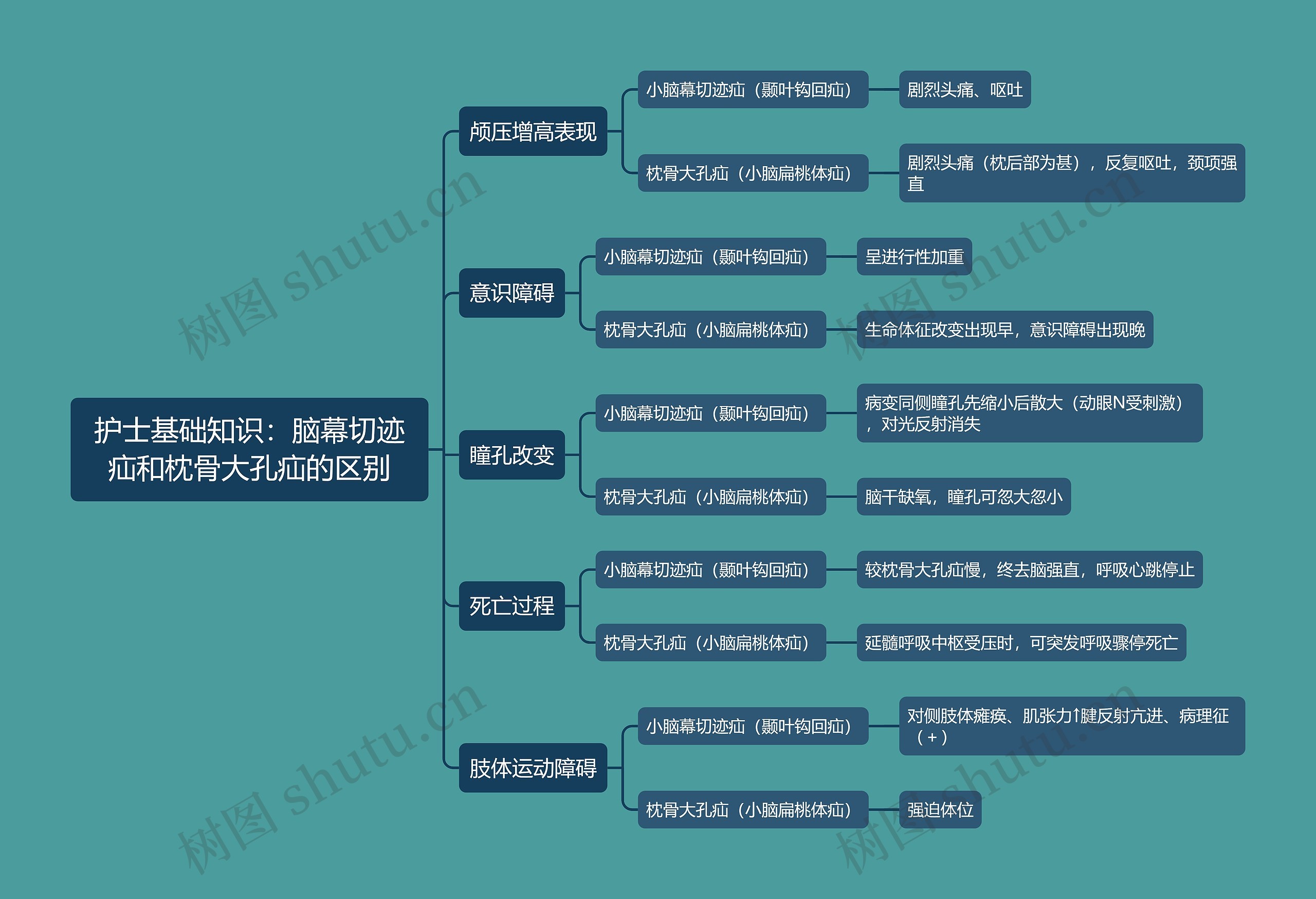 护士基础知识:脑幕切迹疝和枕骨大孔疝的区别思维导图