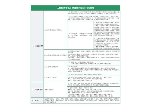 人教版初中七下地理第四章 居民与聚落知识总结树形表格