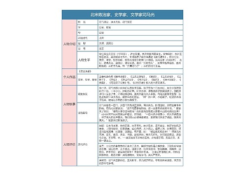 北宋政治家、史学家、文学家司马光人物介绍树形表格