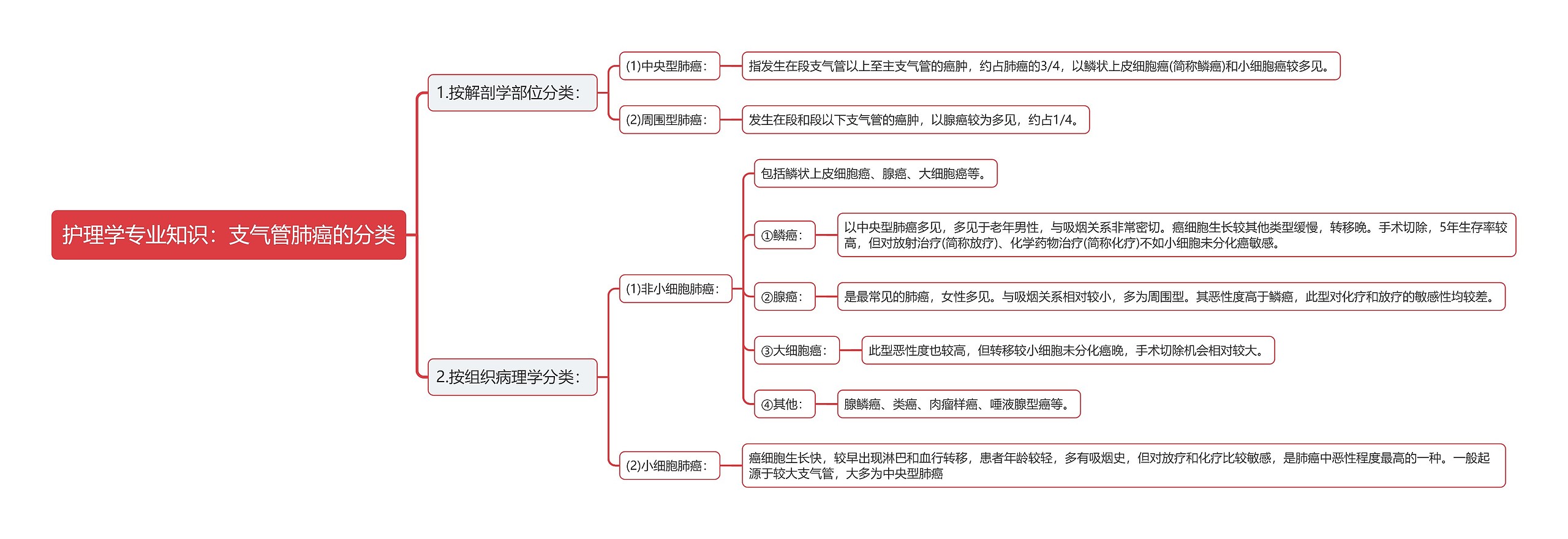 护理学专业知识：支气管肺癌的分类思维导图