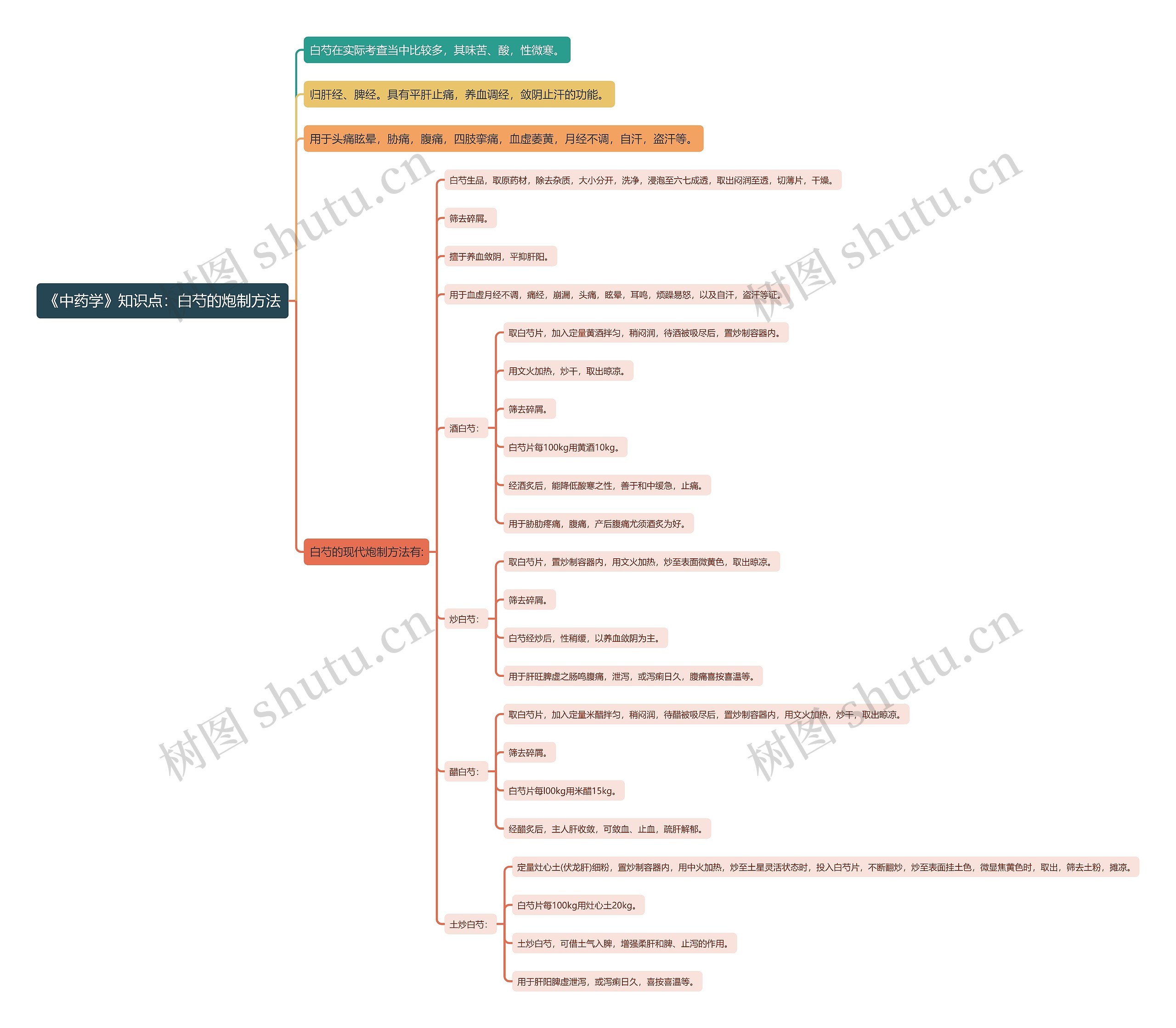 《中药学》知识点：白芍的炮制方法思维导图