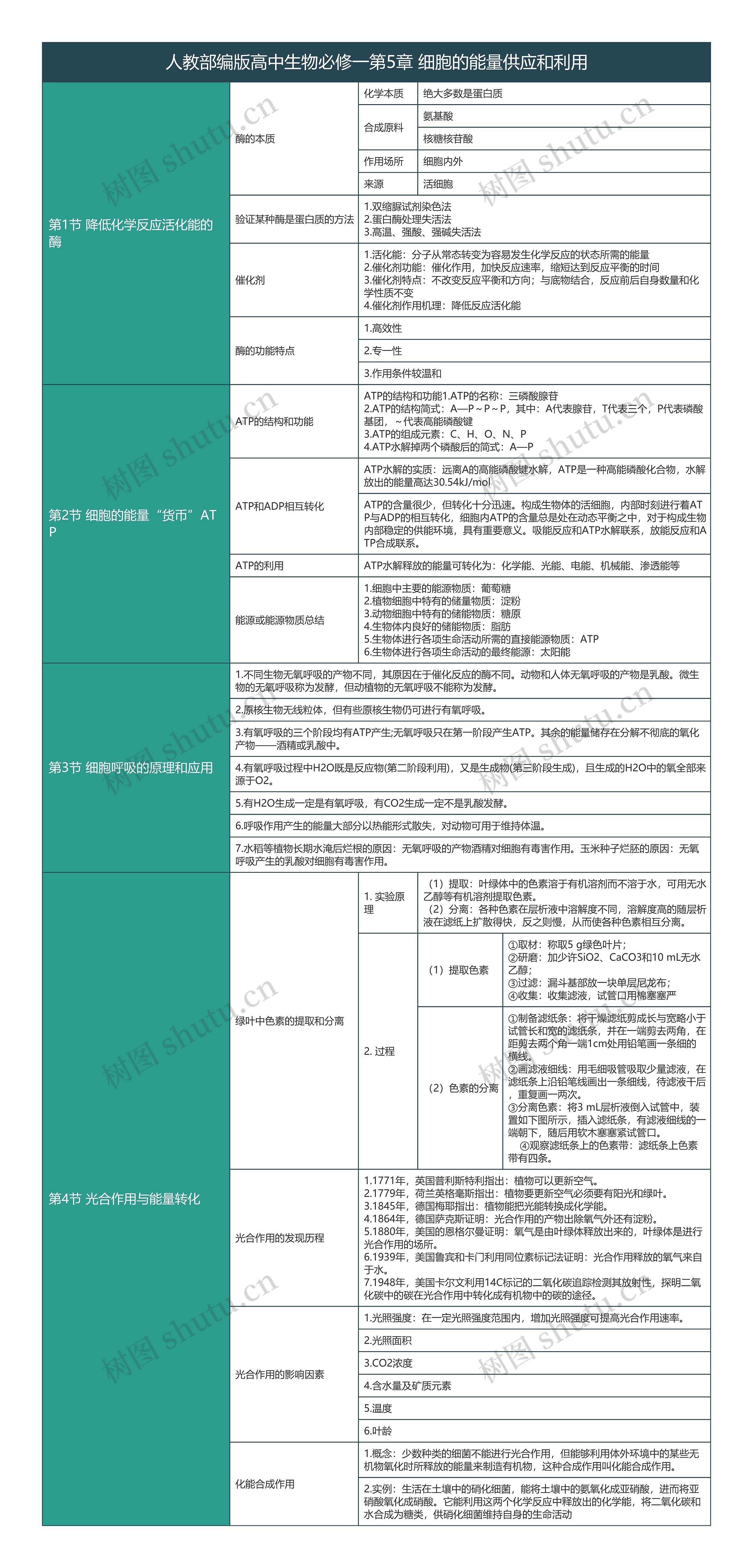 人教部编版高中生物必修一第5章细胞的能量供应和利用树形表格思维导图