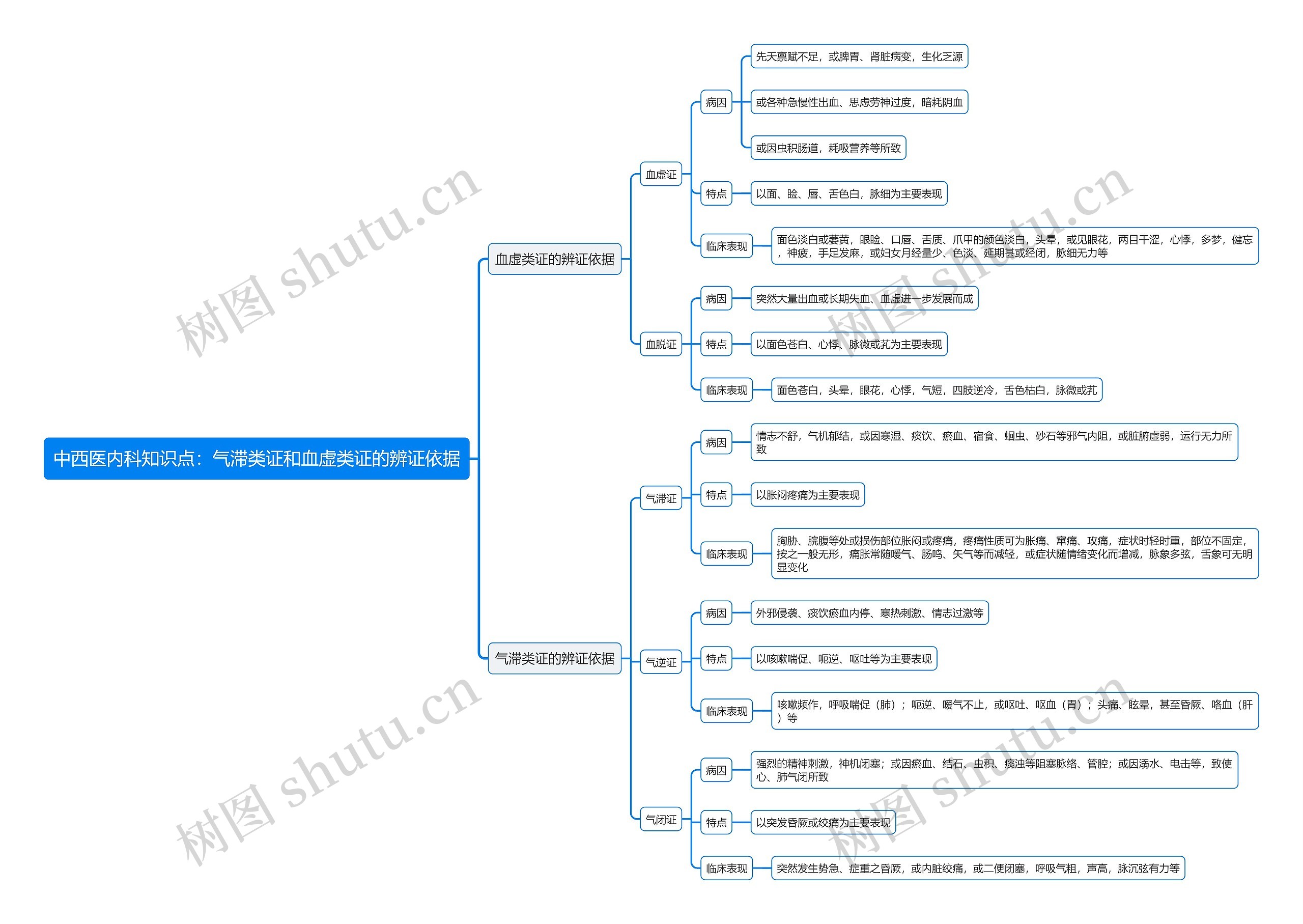 中西医内科知识点：气滞类证和血虚类证的辨证依据思维导图