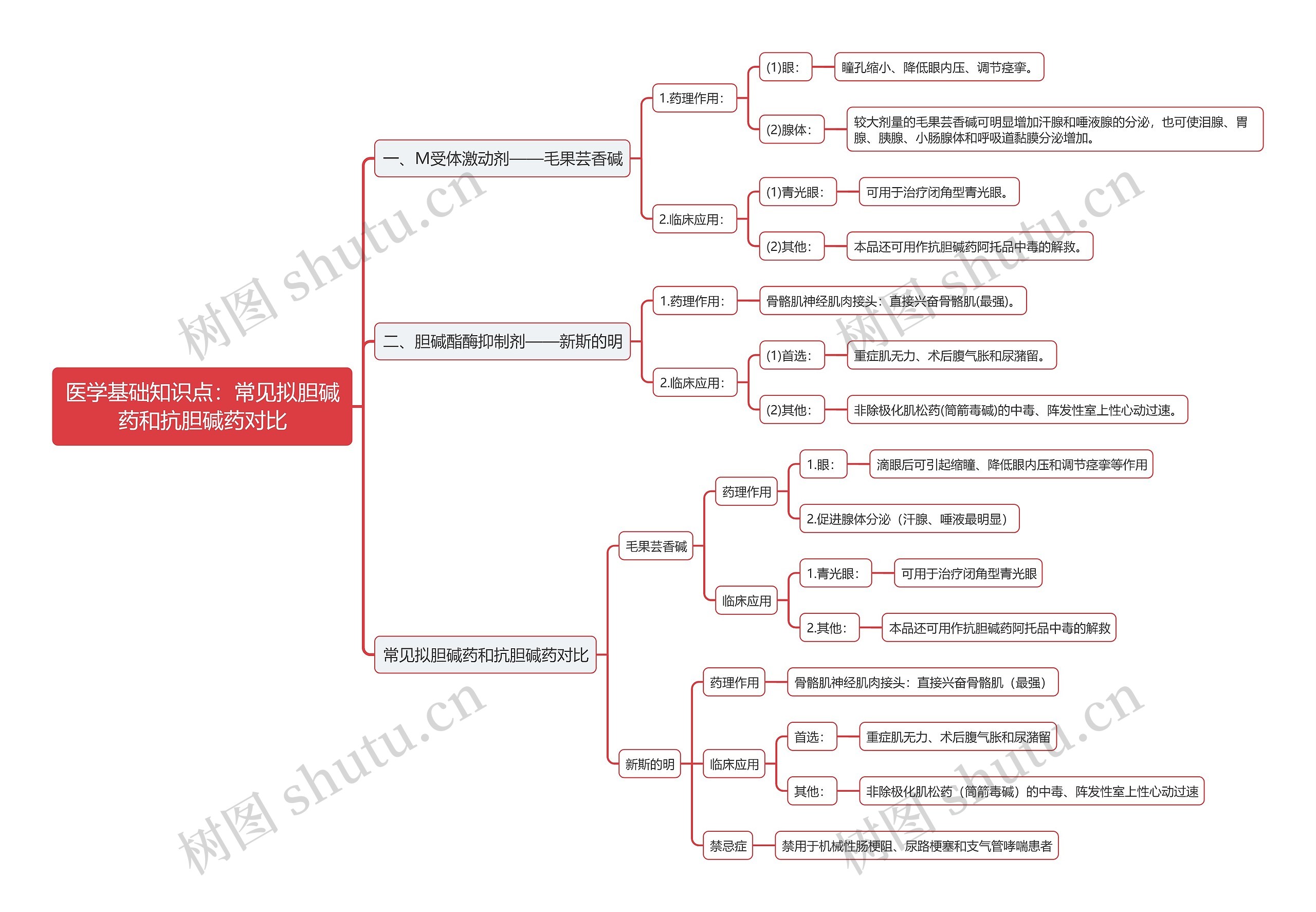 医学基础知识点：常见拟胆碱药和抗胆碱药对比思维导图