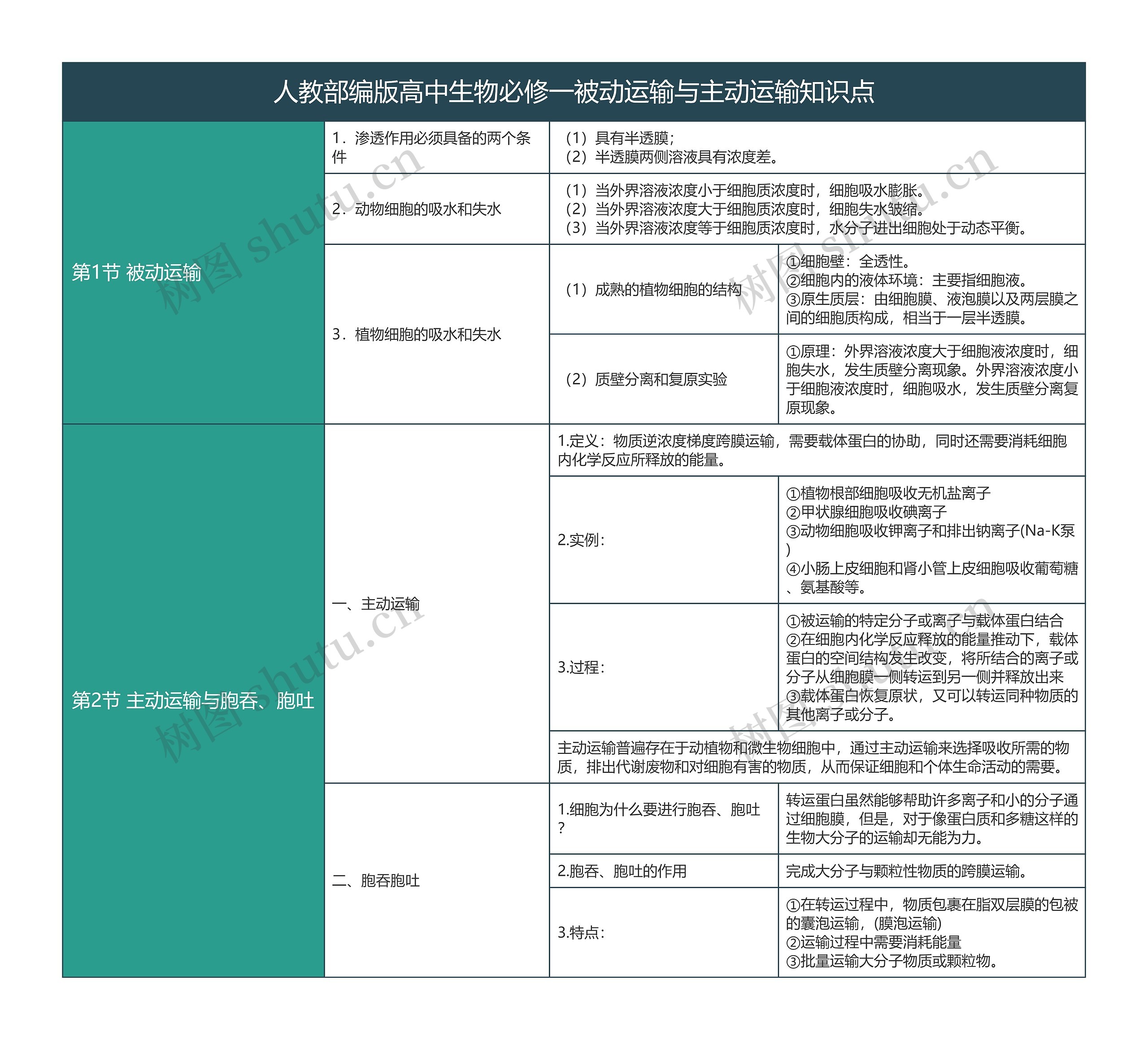 人教部编版高中生物必修一被动运输与主动运输知识点树形表格思维导图