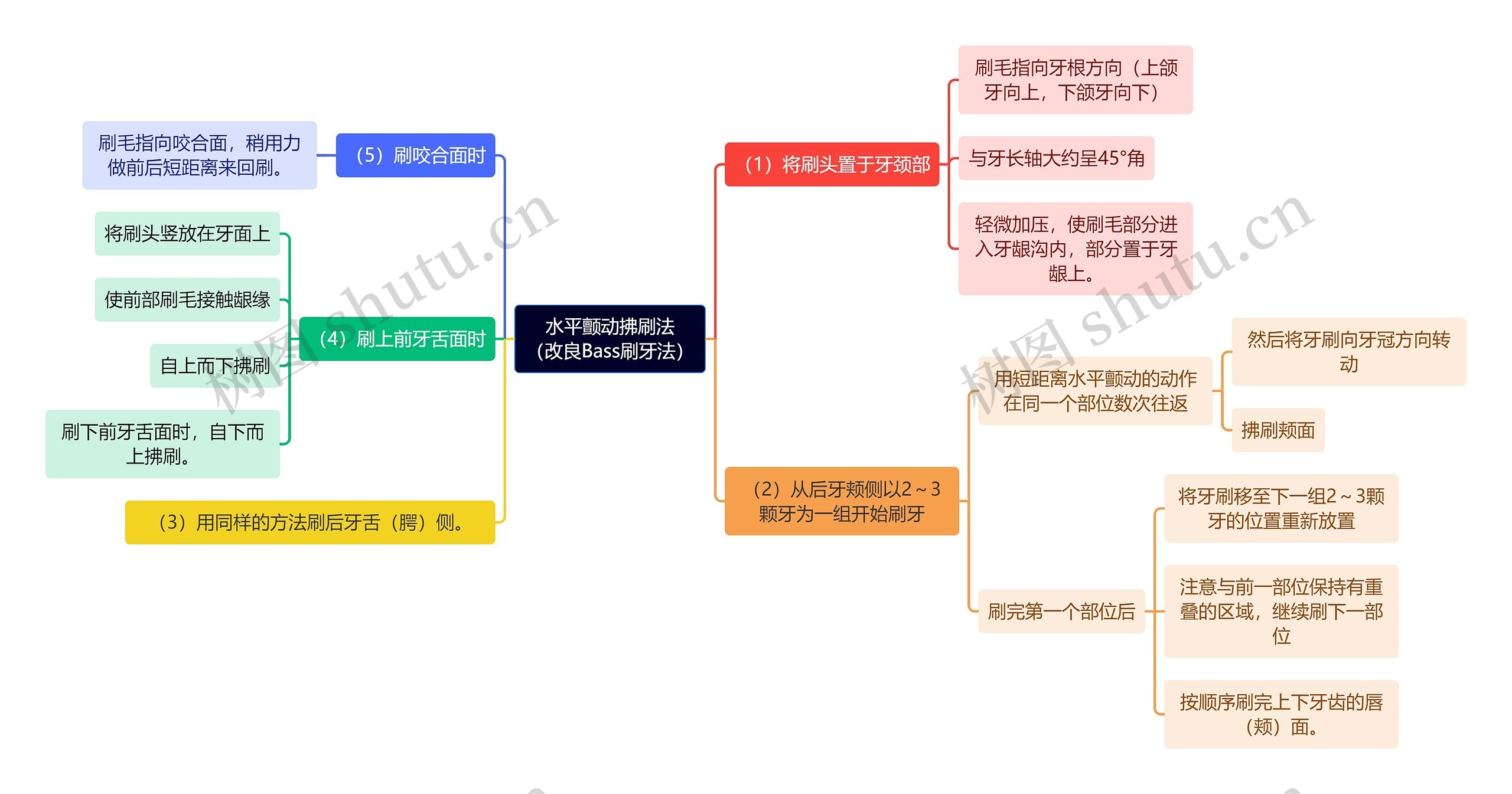 医学知识水平颤动拂刷法（改良Bass刷牙法）思维导图