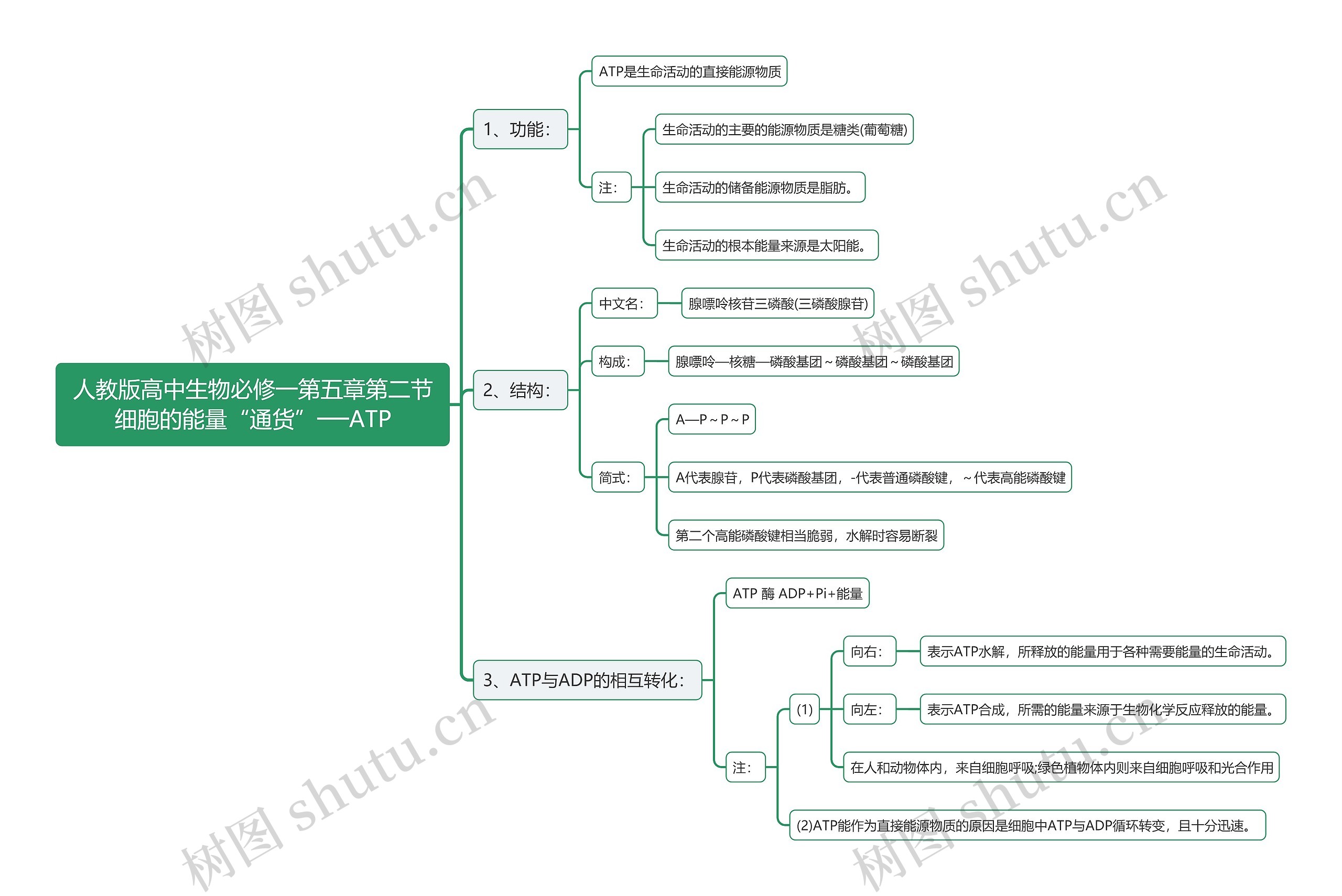 人教版高中生物必修一第五章第二节细胞的能量“通货”──ATP思维导图