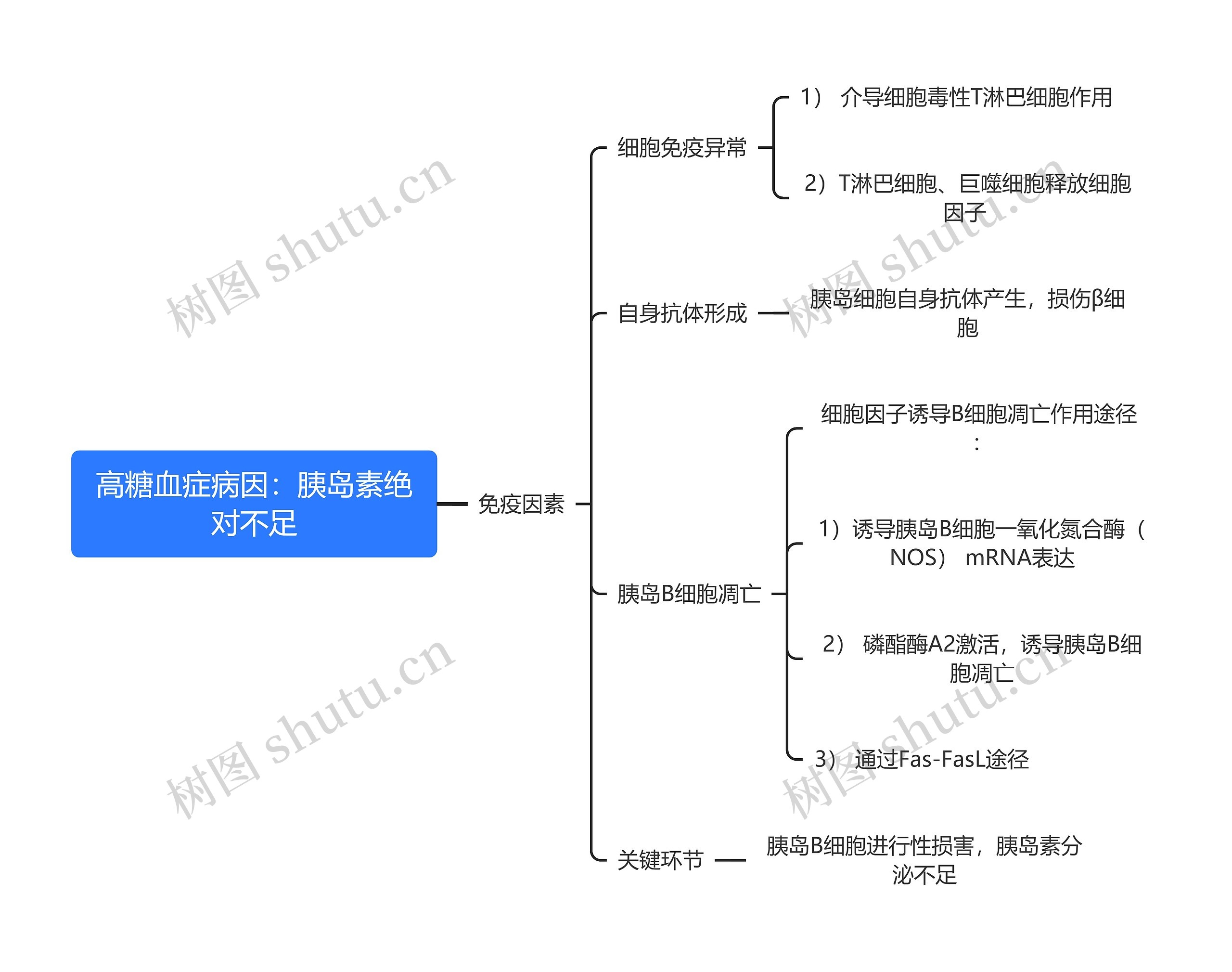 医学知识高糖血症病因：胰岛素绝对不足思维导图