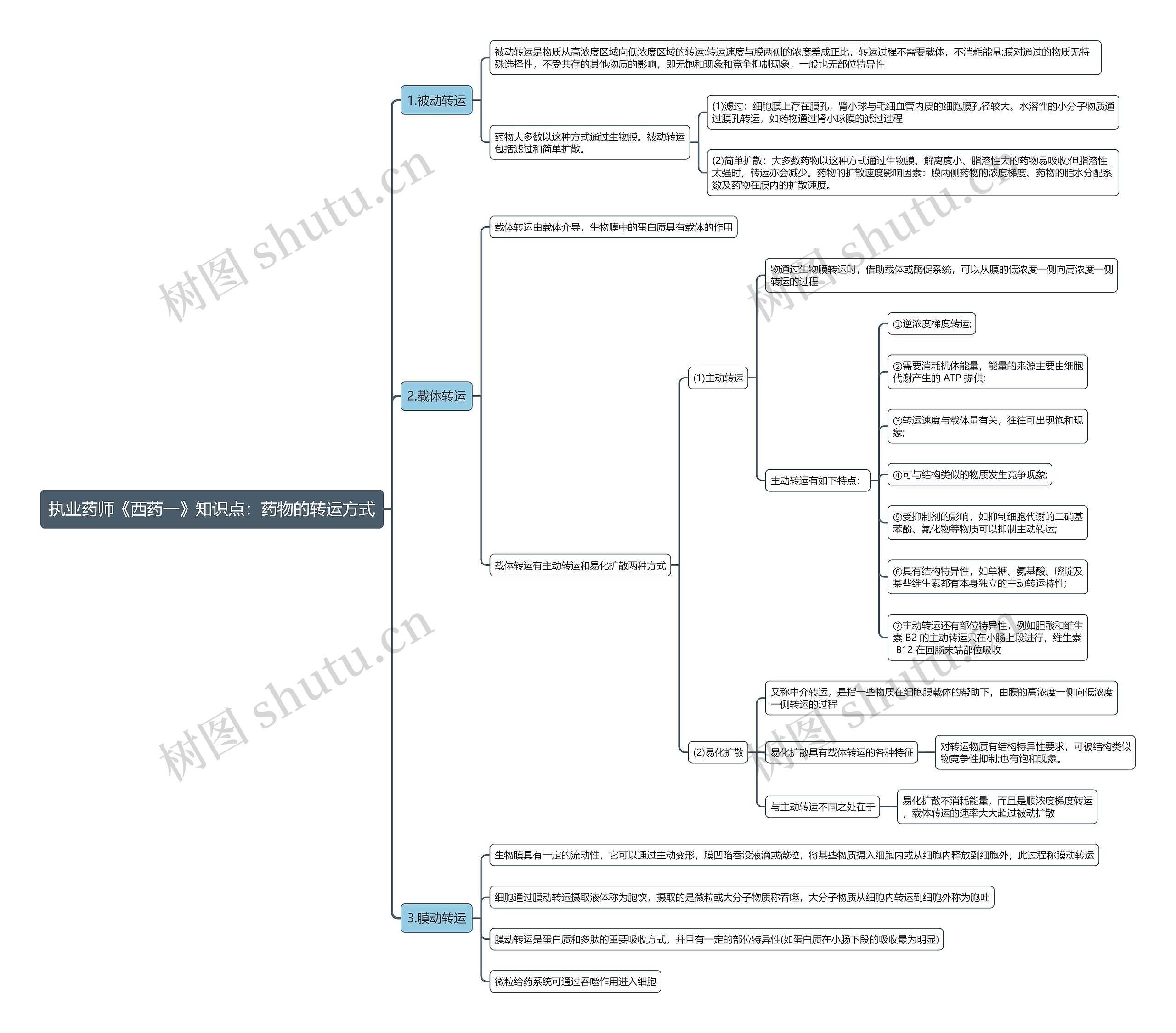 执业药师《西药一》知识点：药物的转运方式思维导图