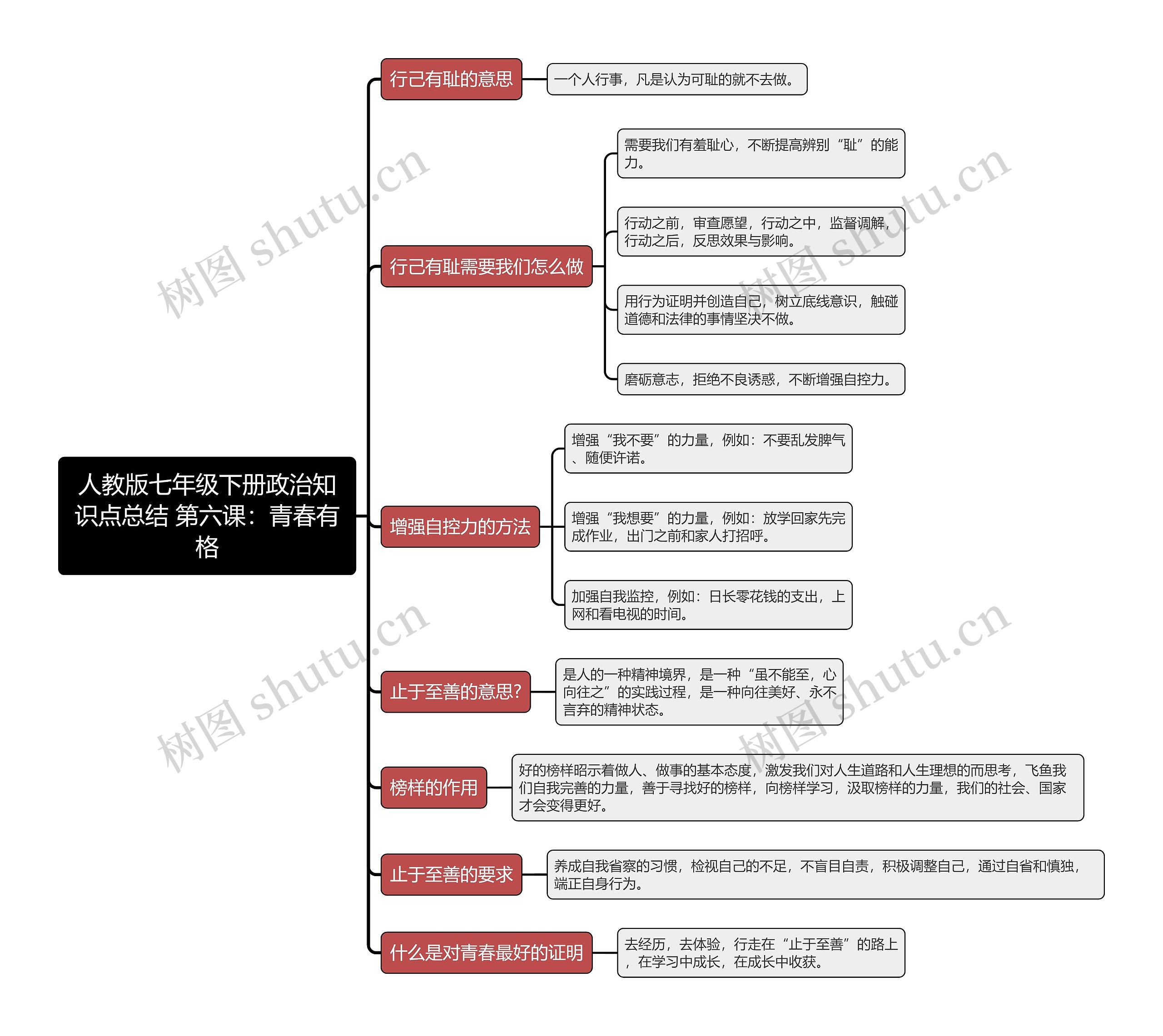 人教版七年级下册政治知识点总结 第六课：青春有格思维导图