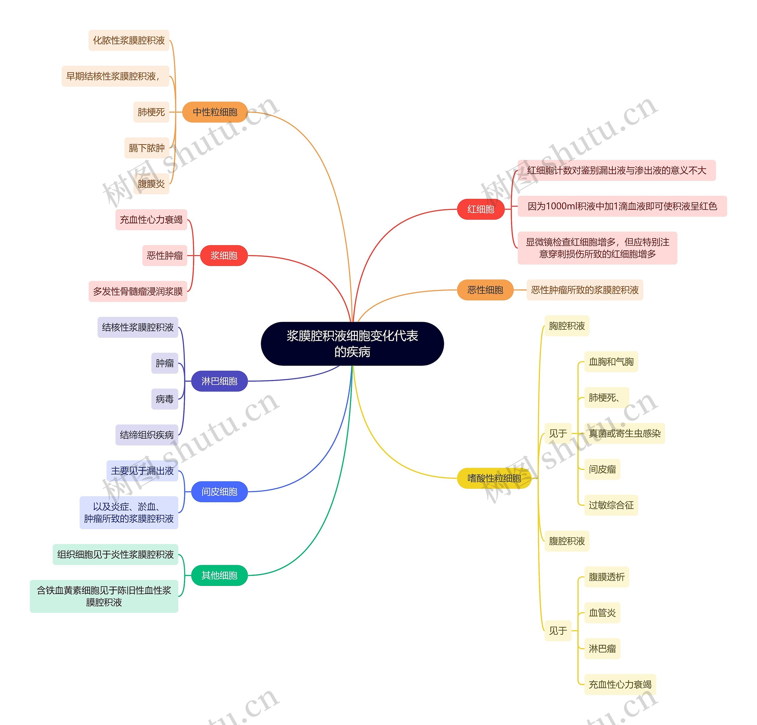 医学知识浆膜腔积液细胞变化代表的疾病思维导图