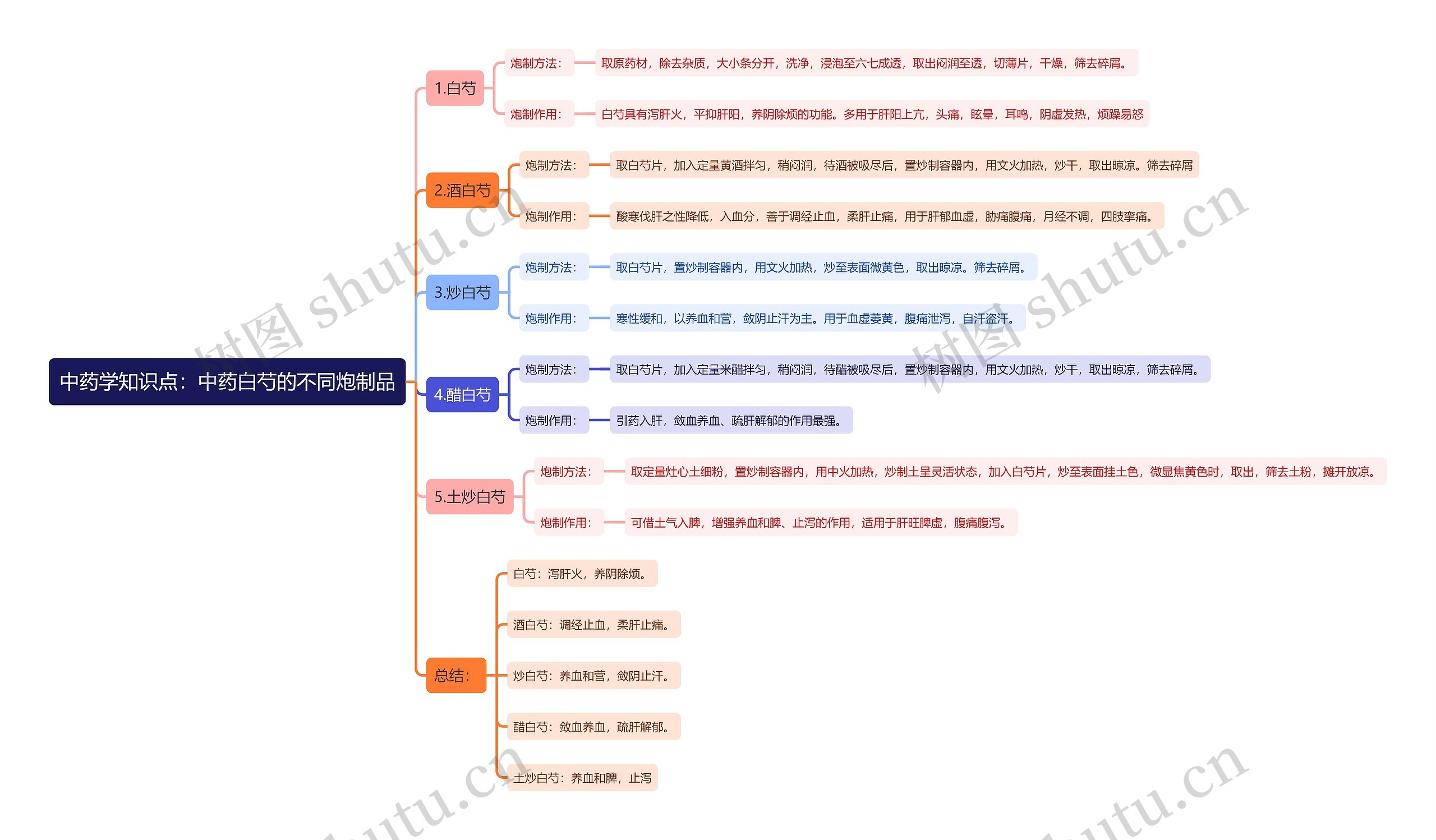 中药学知识点：中药白芍的不同炮制品思维导图