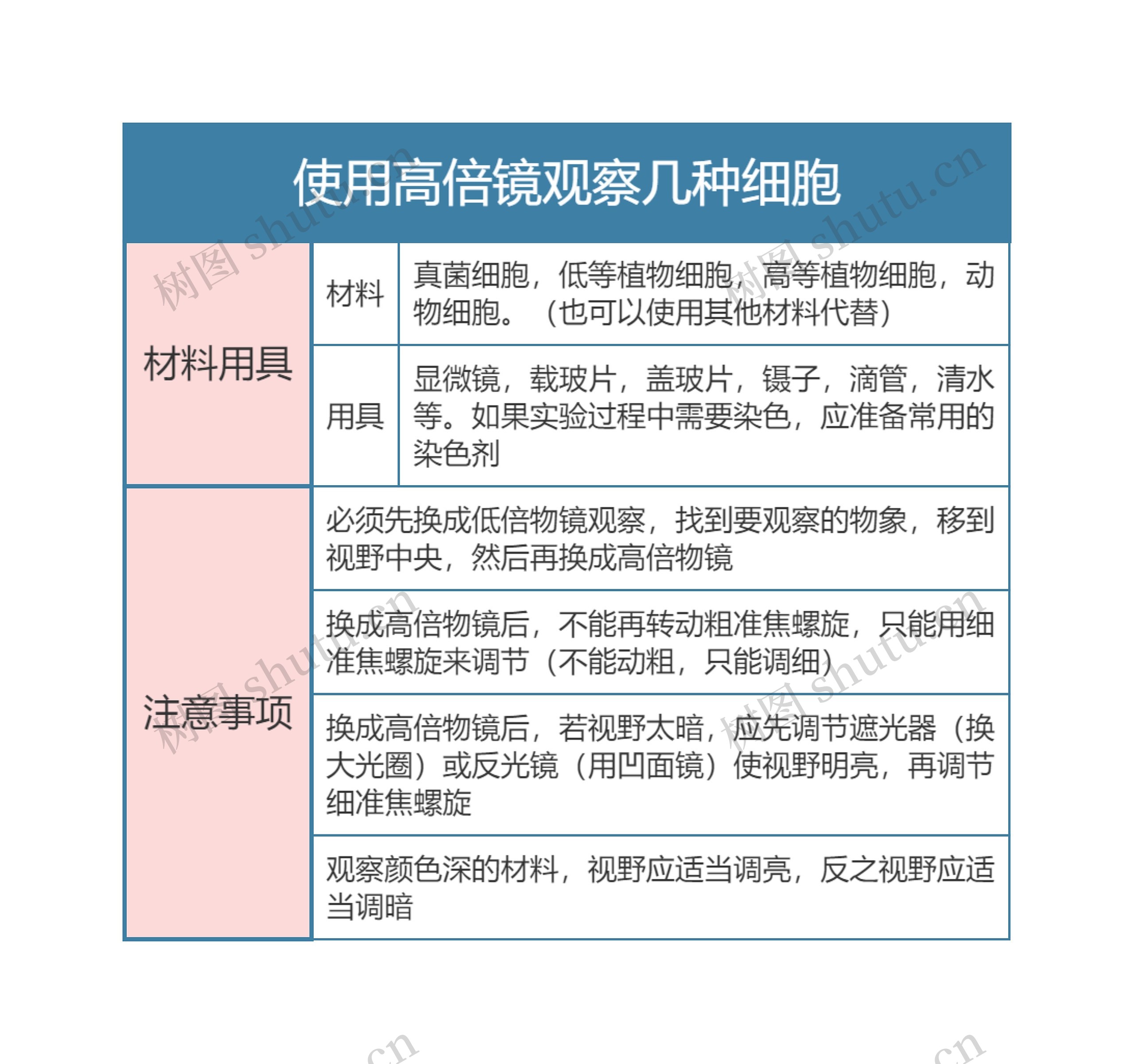 高中生物必修一使用高倍镜观察几种细胞思维导图