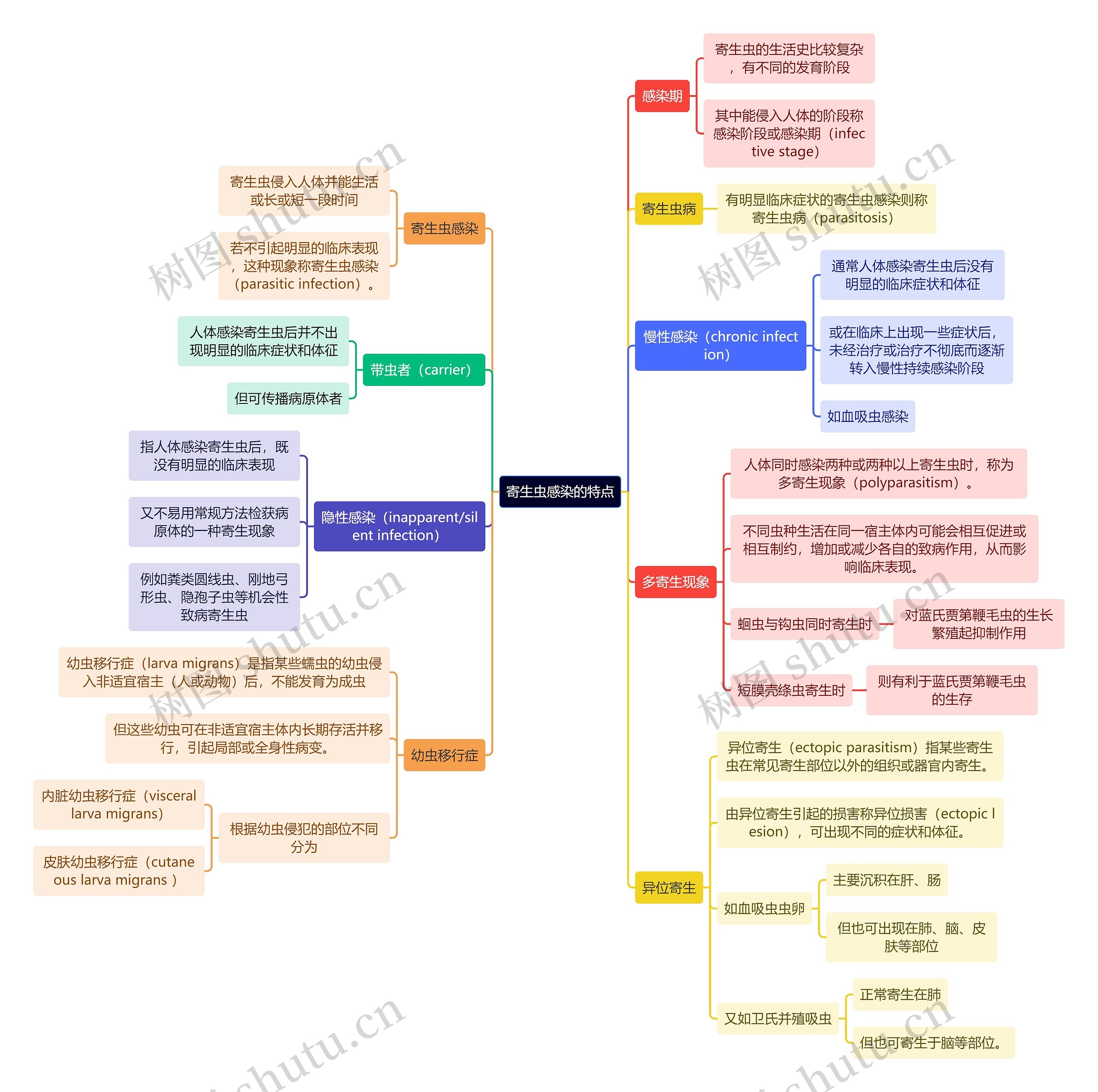 医学知识寄生虫感染的特点思维导图