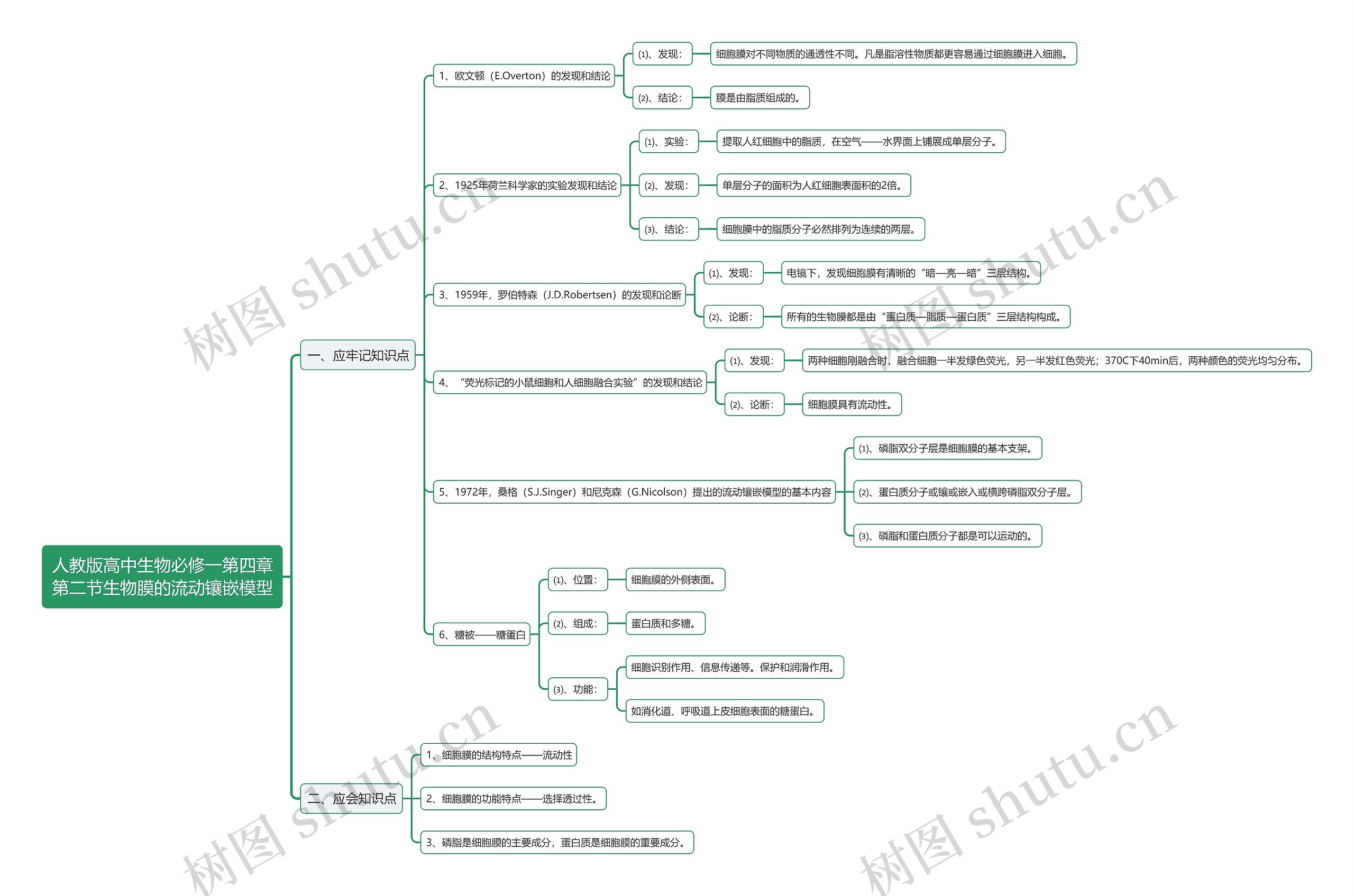 人教版高中生物必修一第四章第二节生物膜的流动镶嵌模型思维导图