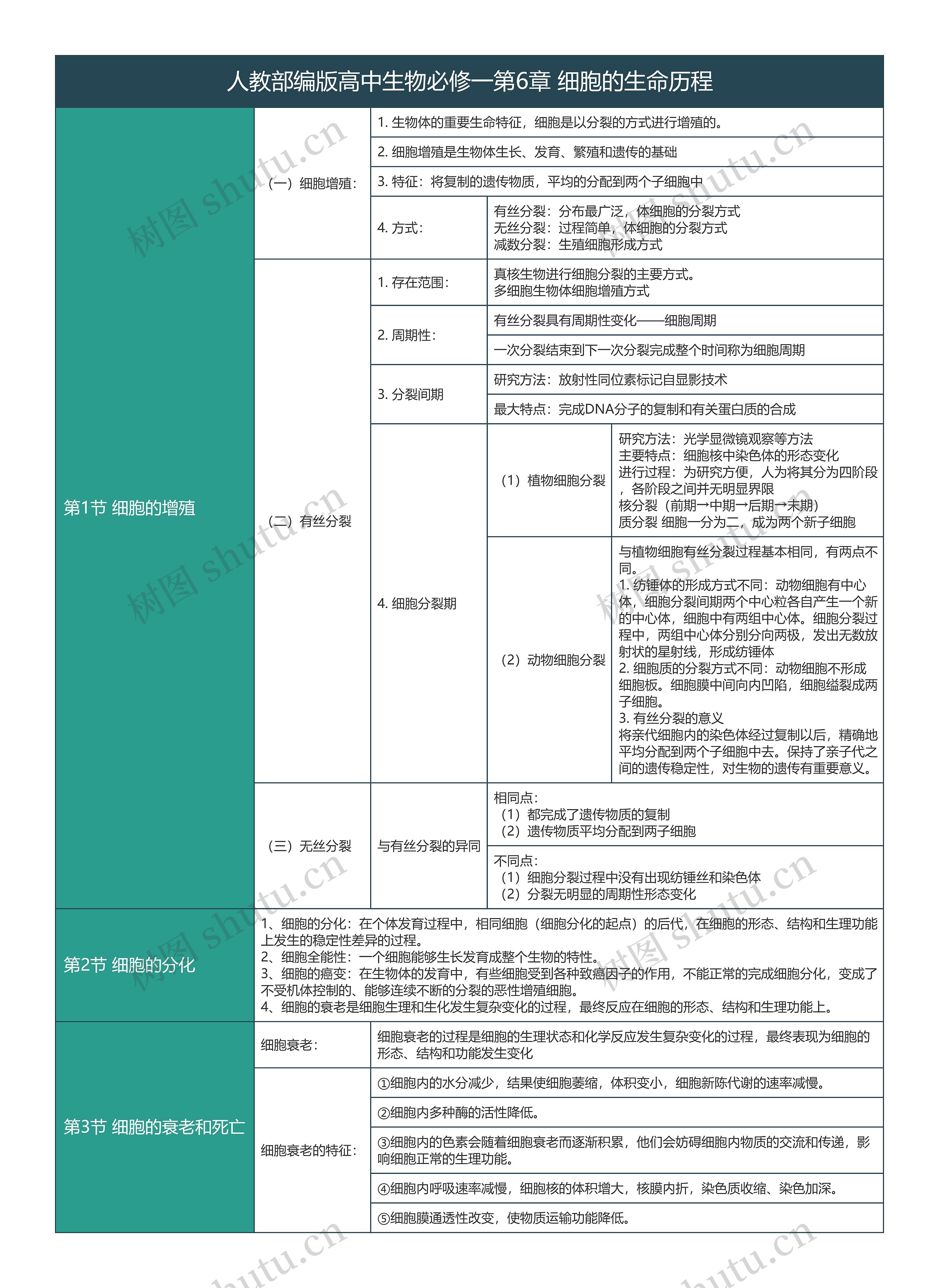 人教部编版高中生物必修一第6章细胞的生命历程知识总结树形表格