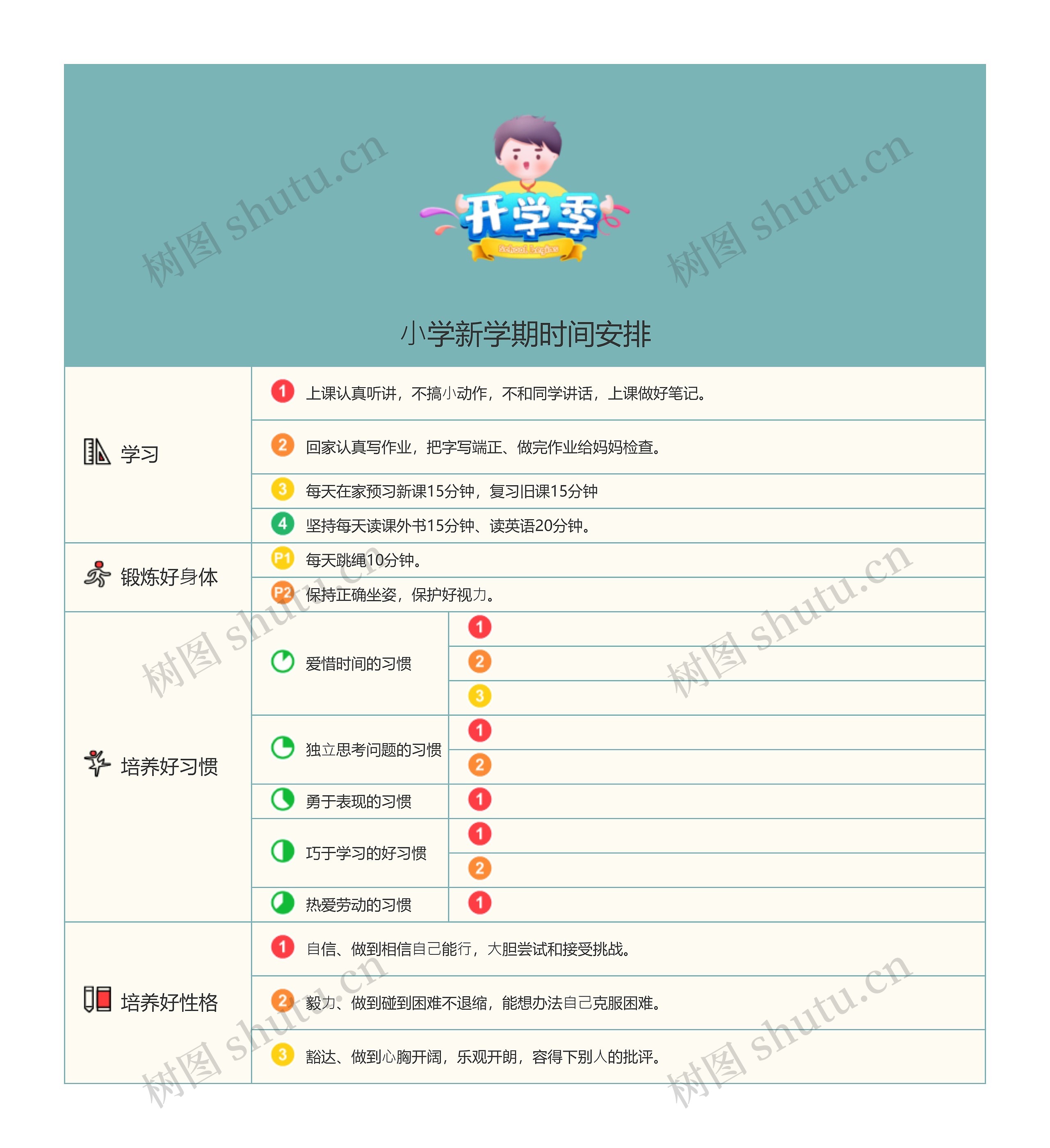 ⼩学新学期时间安排思维导图