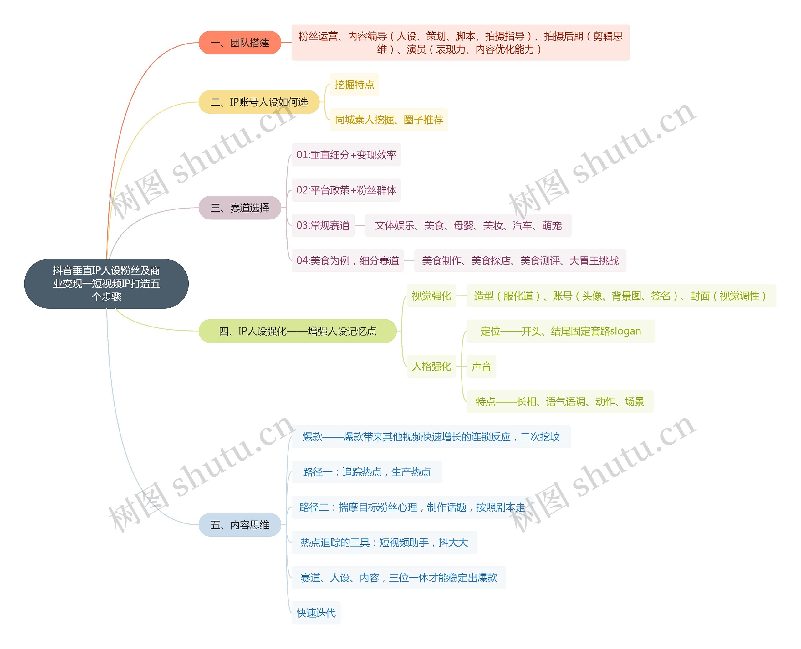 抖音垂直IP人设粉丝及商业变现一短视频IP打造五个步骤思维导图