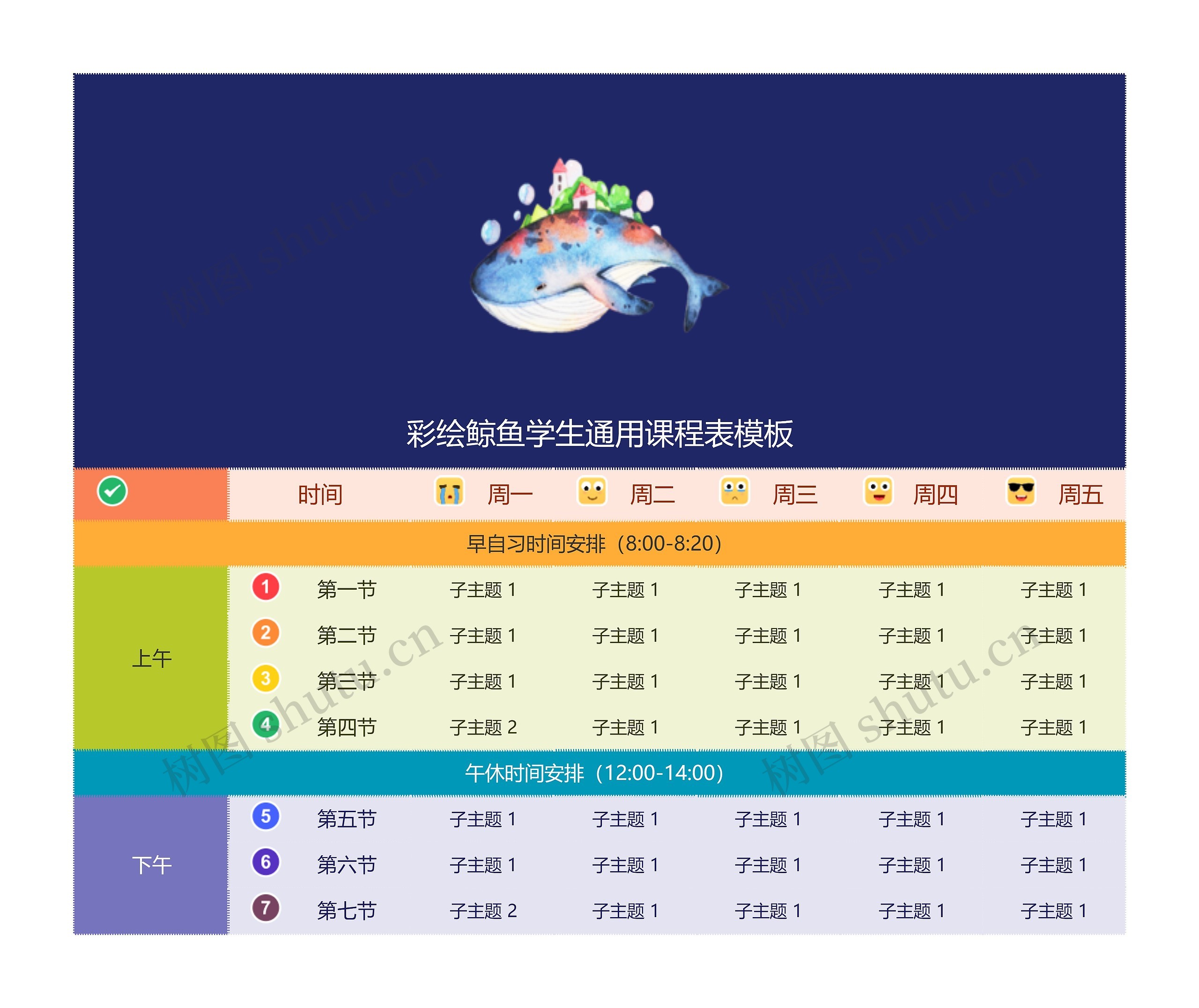 彩绘鲸鱼学生通用课程表思维导图