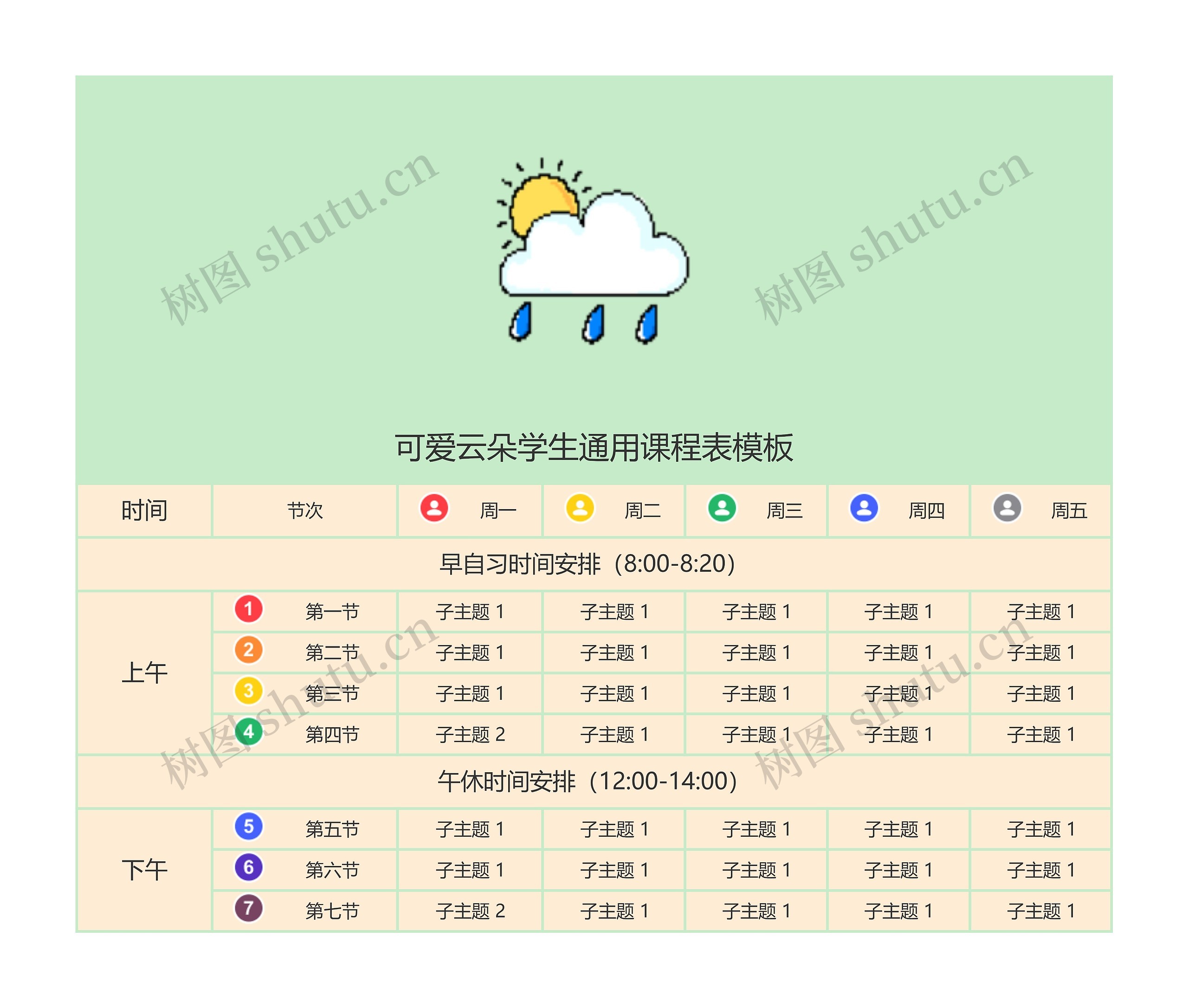 可爱云朵学生通用课程表思维导图