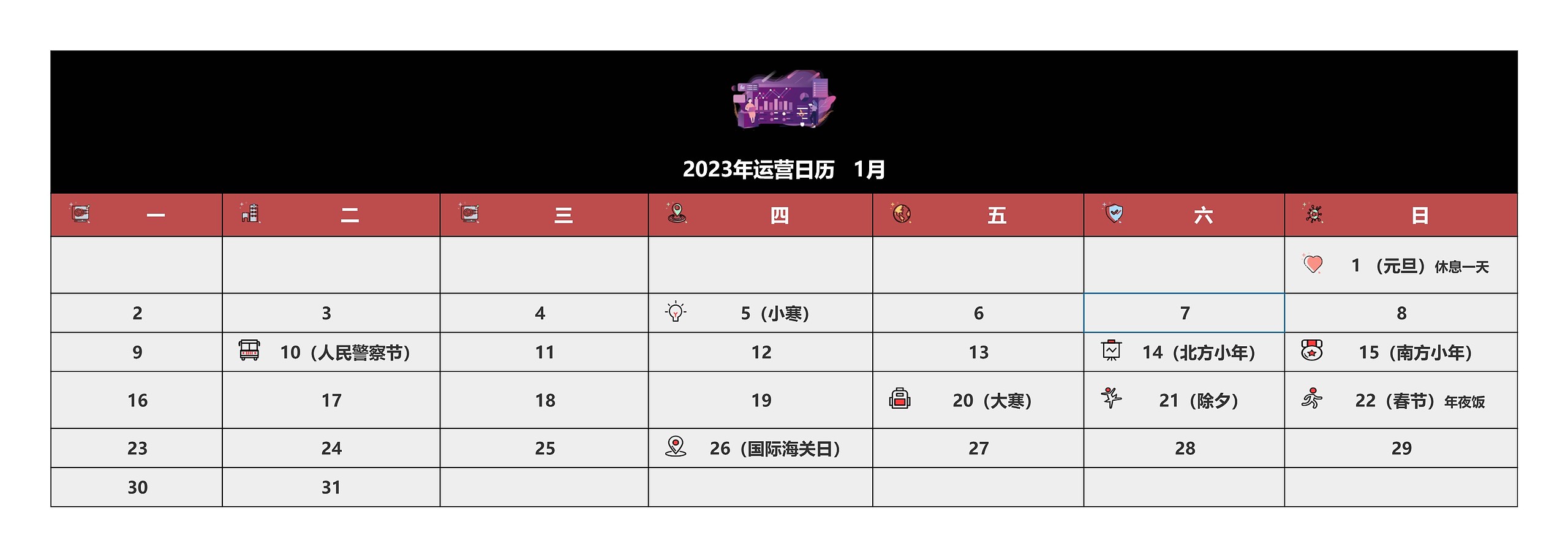 2023年运营日历1月思维导图