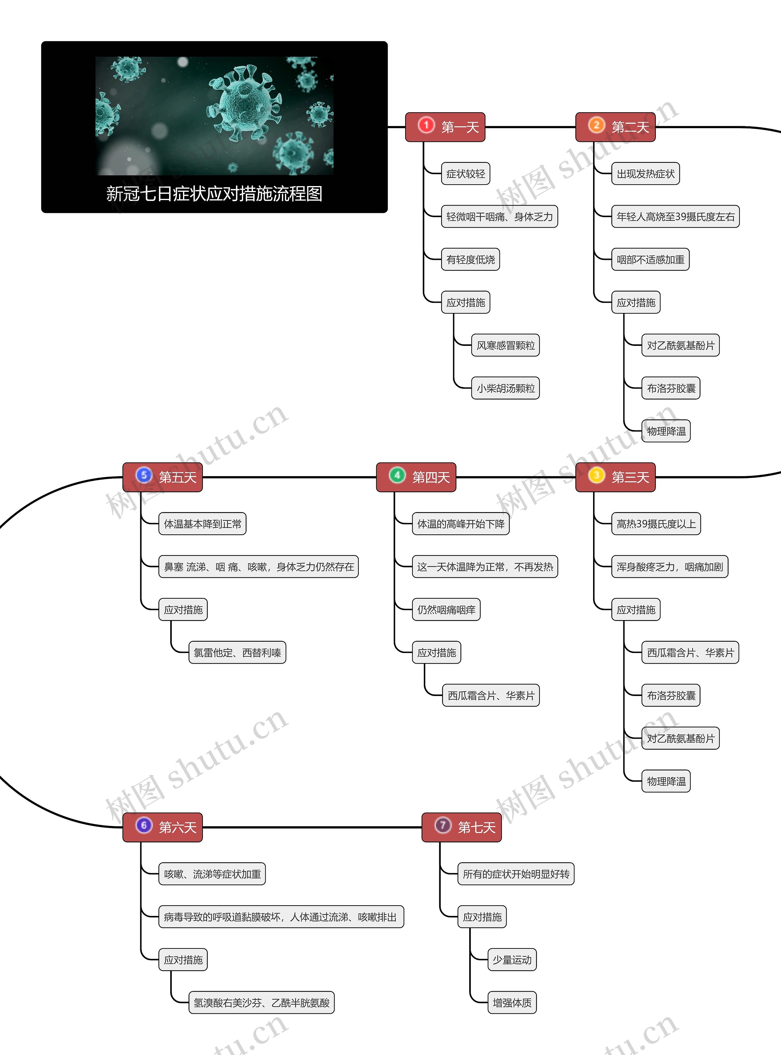 新冠七日症状应对措施流程图思维导图