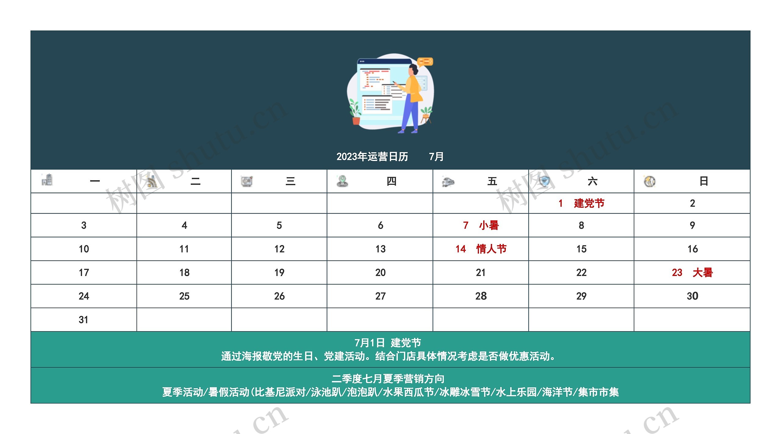 2023年运营日历    7月思维导图