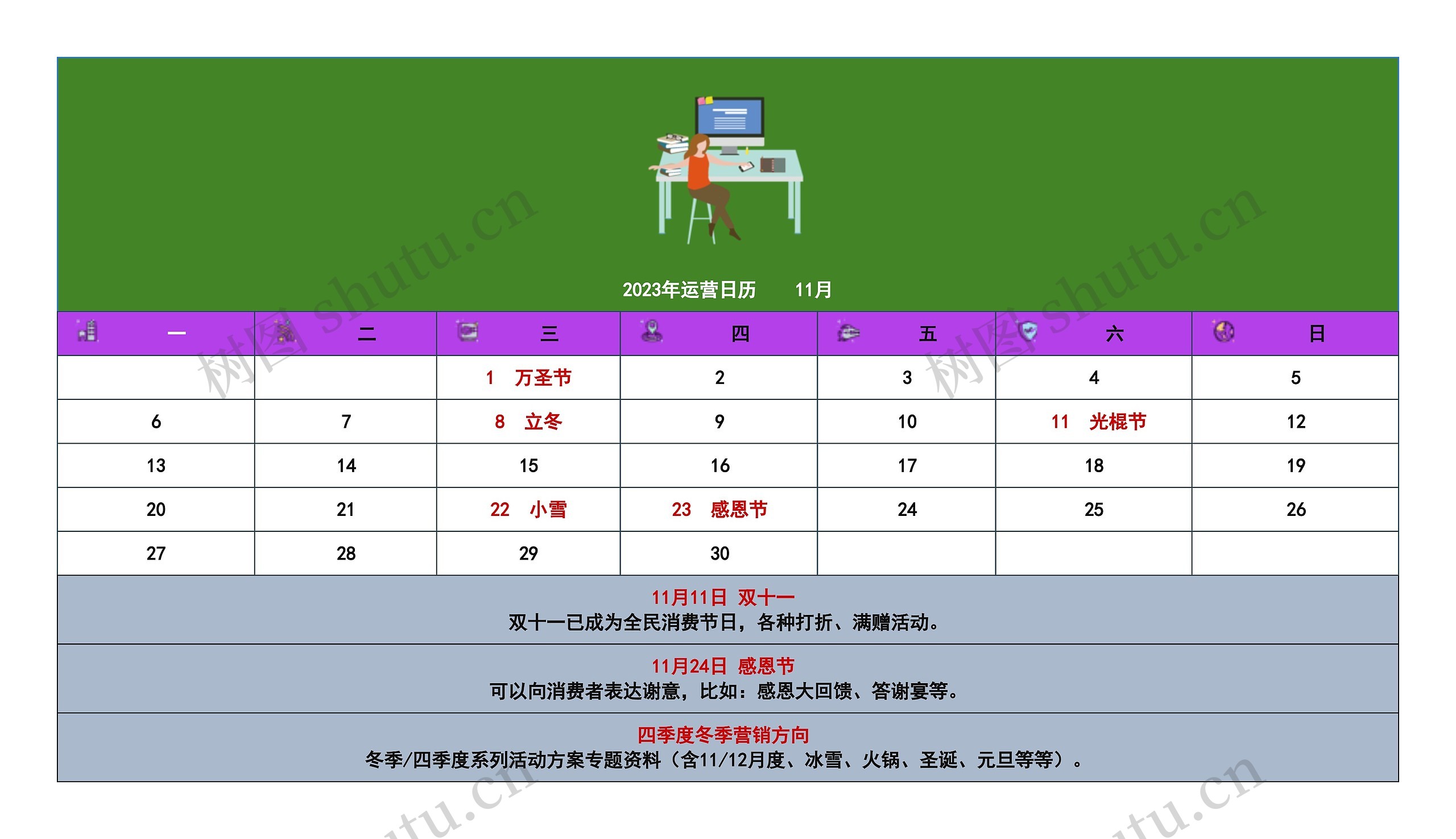 2023年运营日历    11月思维导图