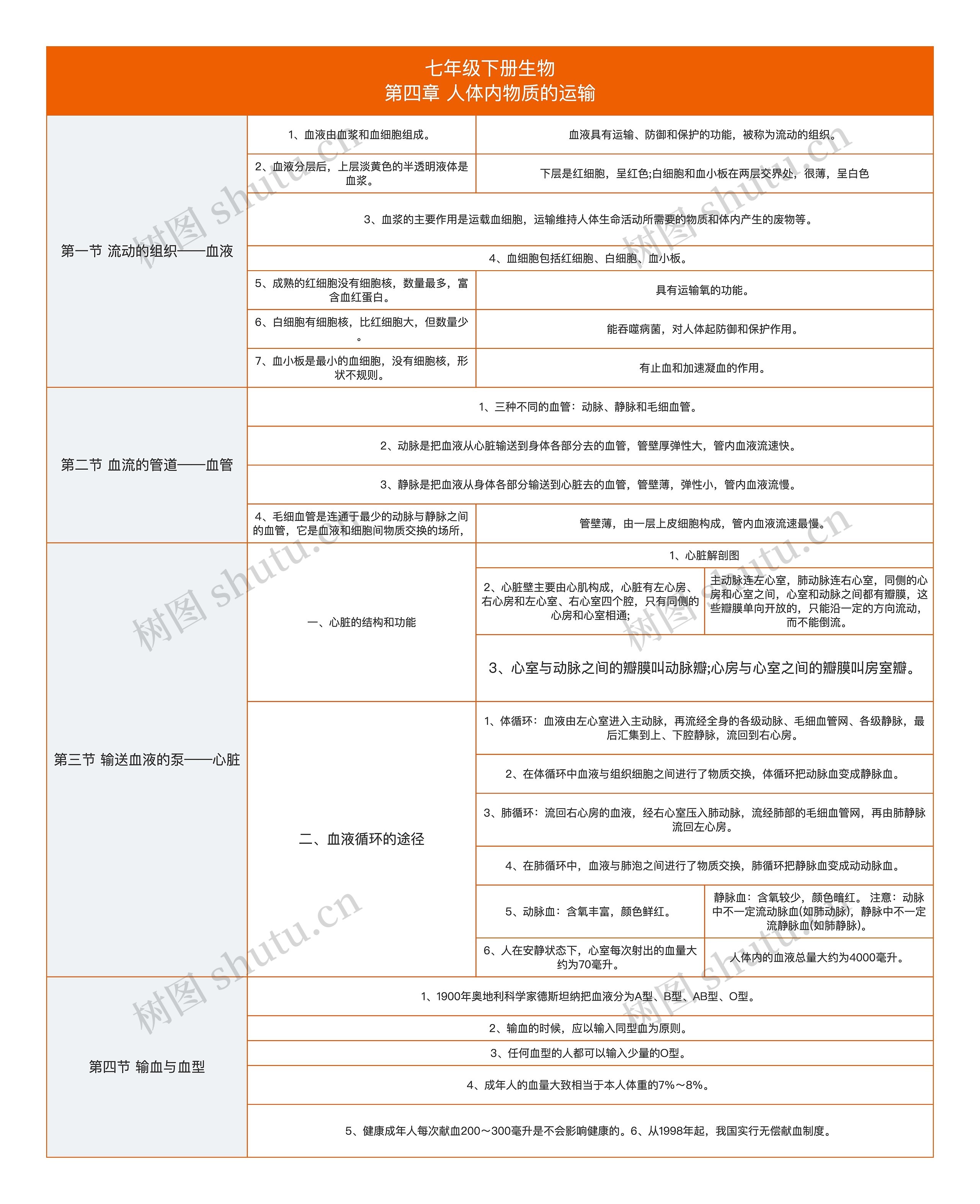 七年级下册生物
第四章 人体内物质的运输思维导图