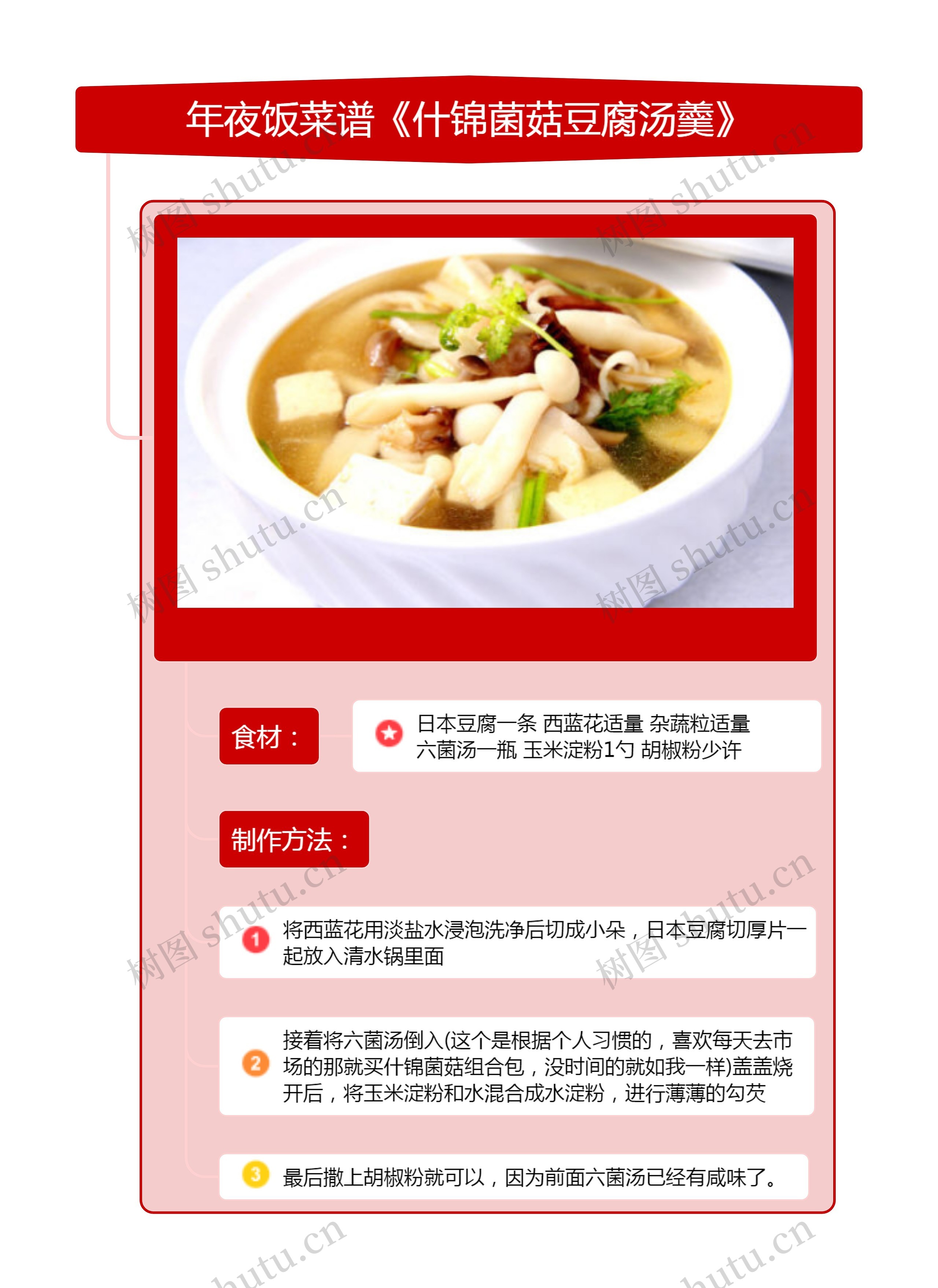 年夜饭菜谱《什锦菌菇豆腐汤羹》竖屏