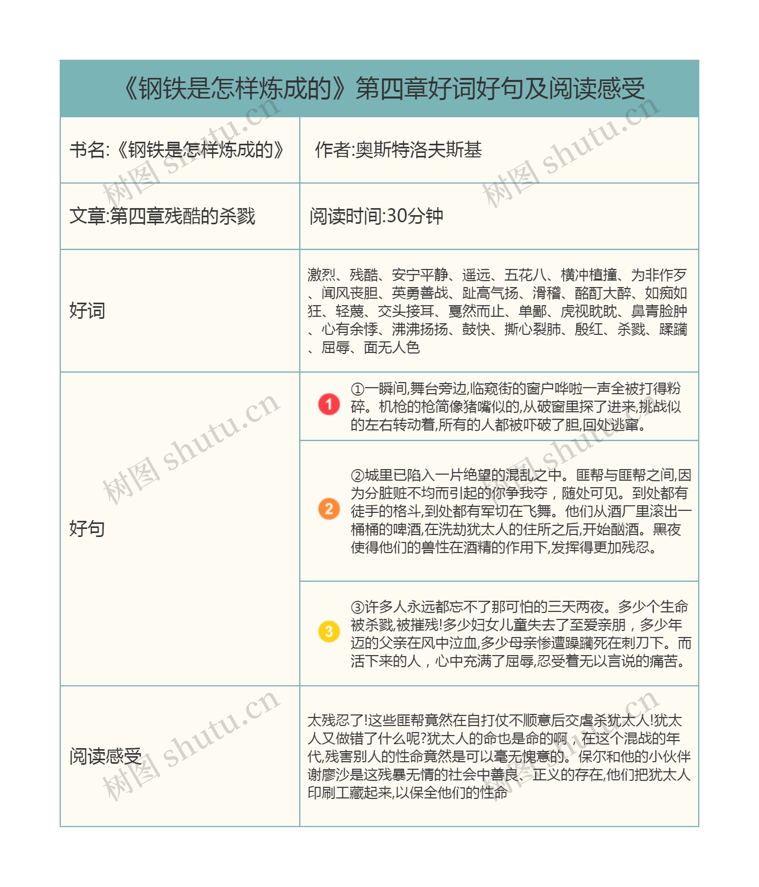 《钢铁是怎样炼成的》第四章好词好句及阅读感受思维导图