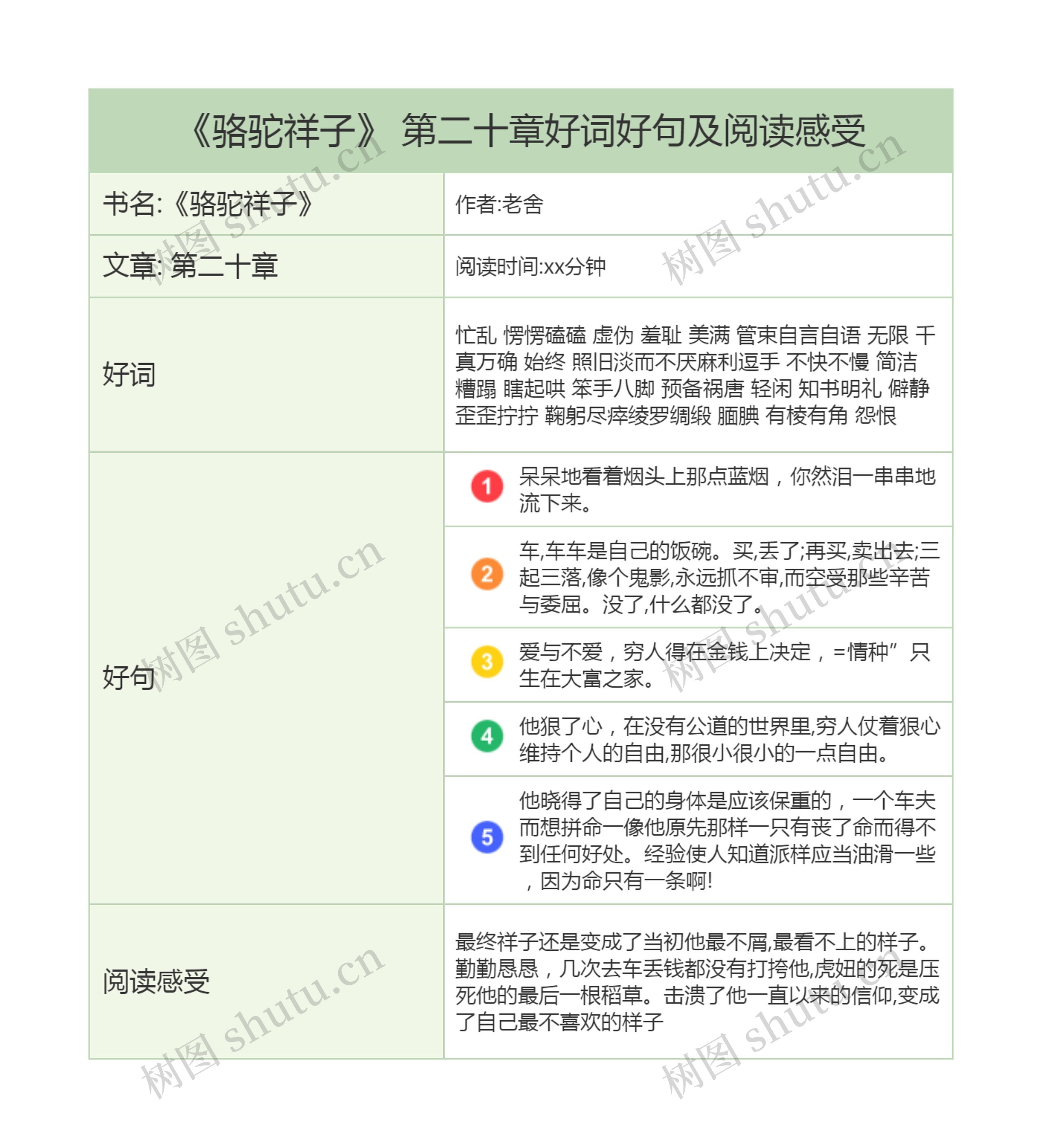 《骆驼祥子》 第二十章好词好句及阅读感受