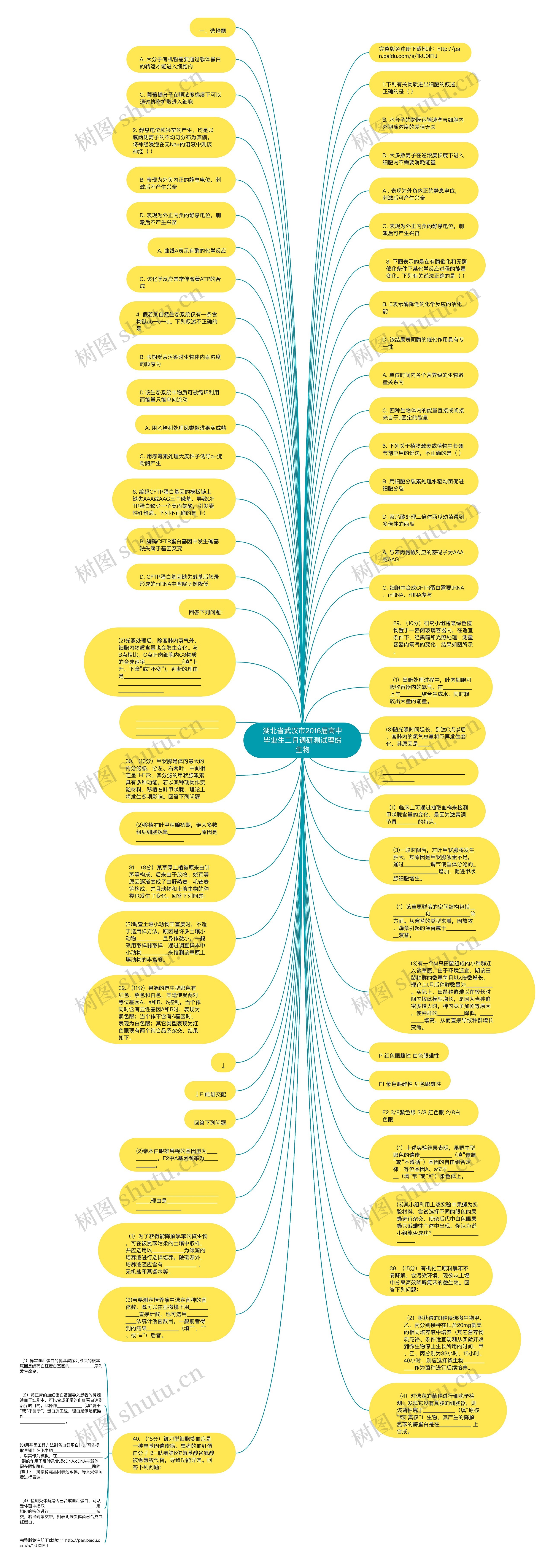 湖北省武汉市2016届高中毕业生二月调研测试理综生物思维导图