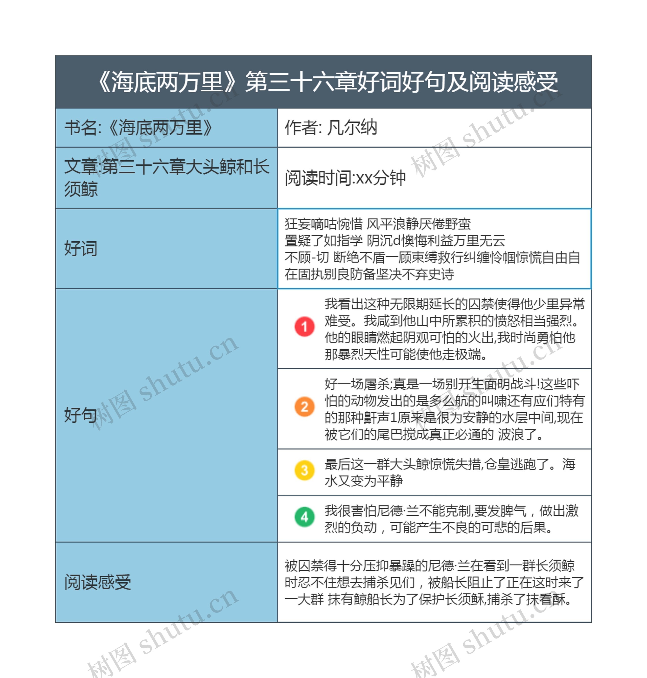 《海底两万里》第三十六章好词好句及阅读感受思维导图