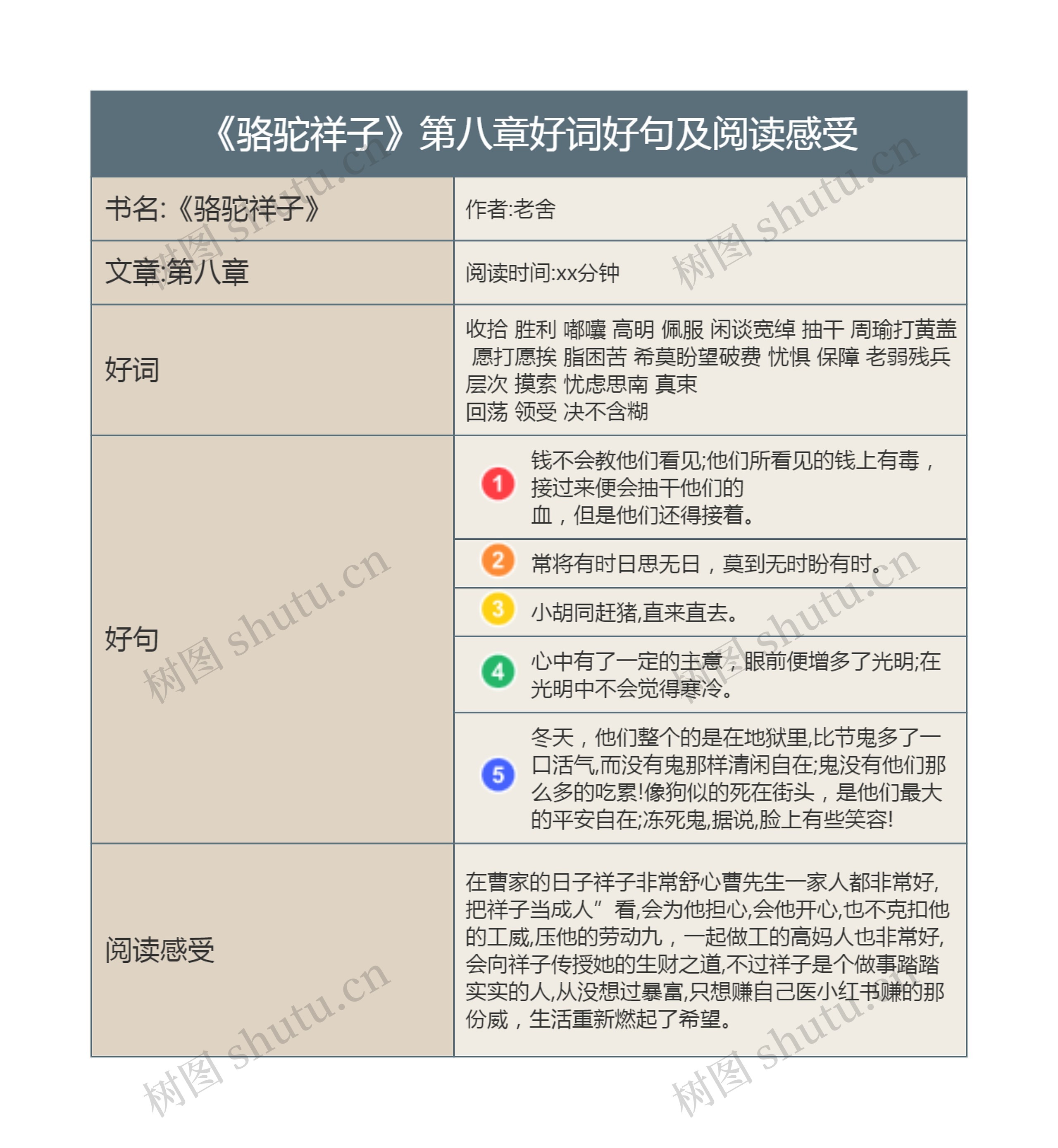 《骆驼祥子》第八章好词好句及阅读感受思维导图