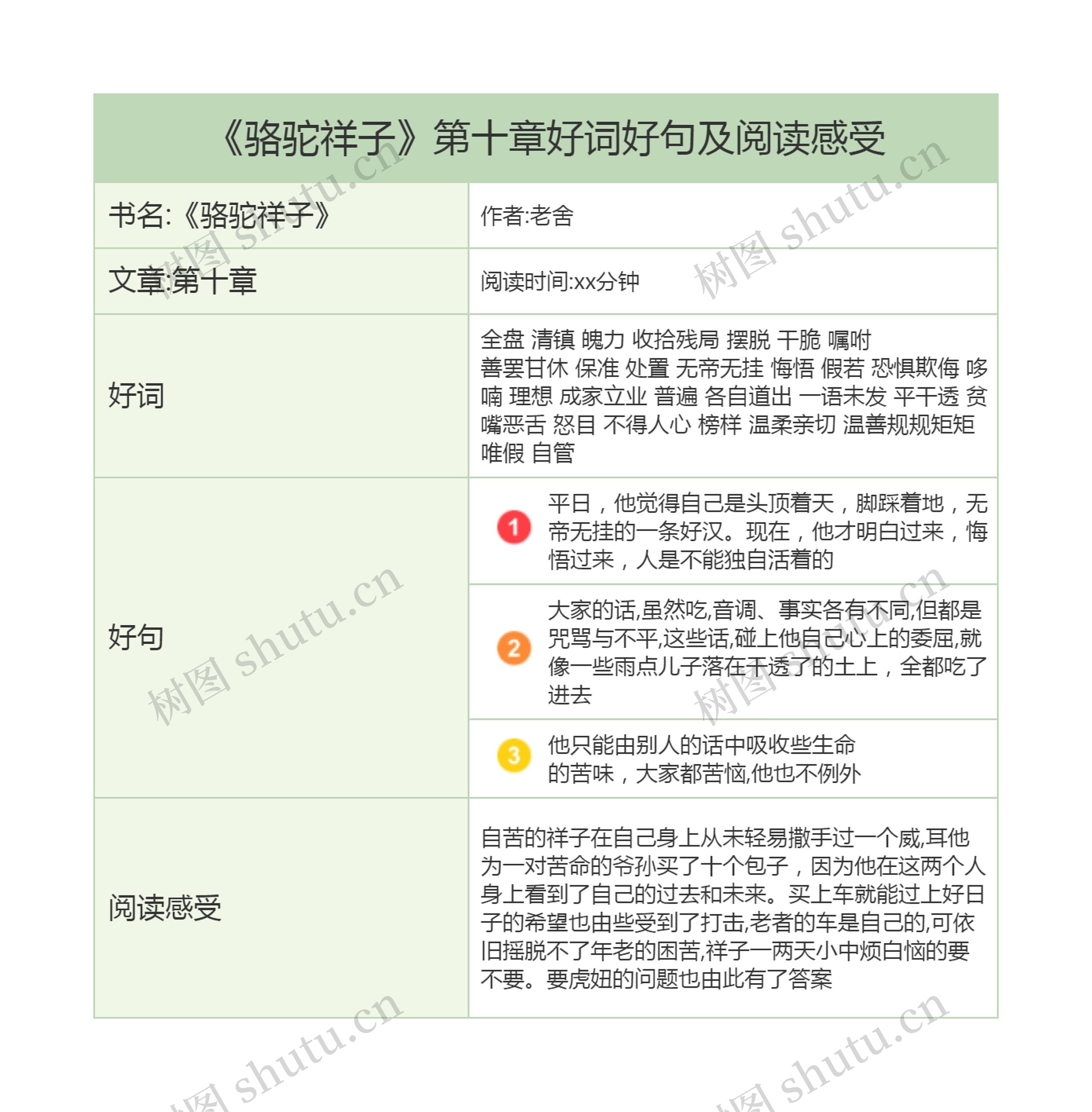 《骆驼祥子》第十章好词好句及阅读感受思维导图