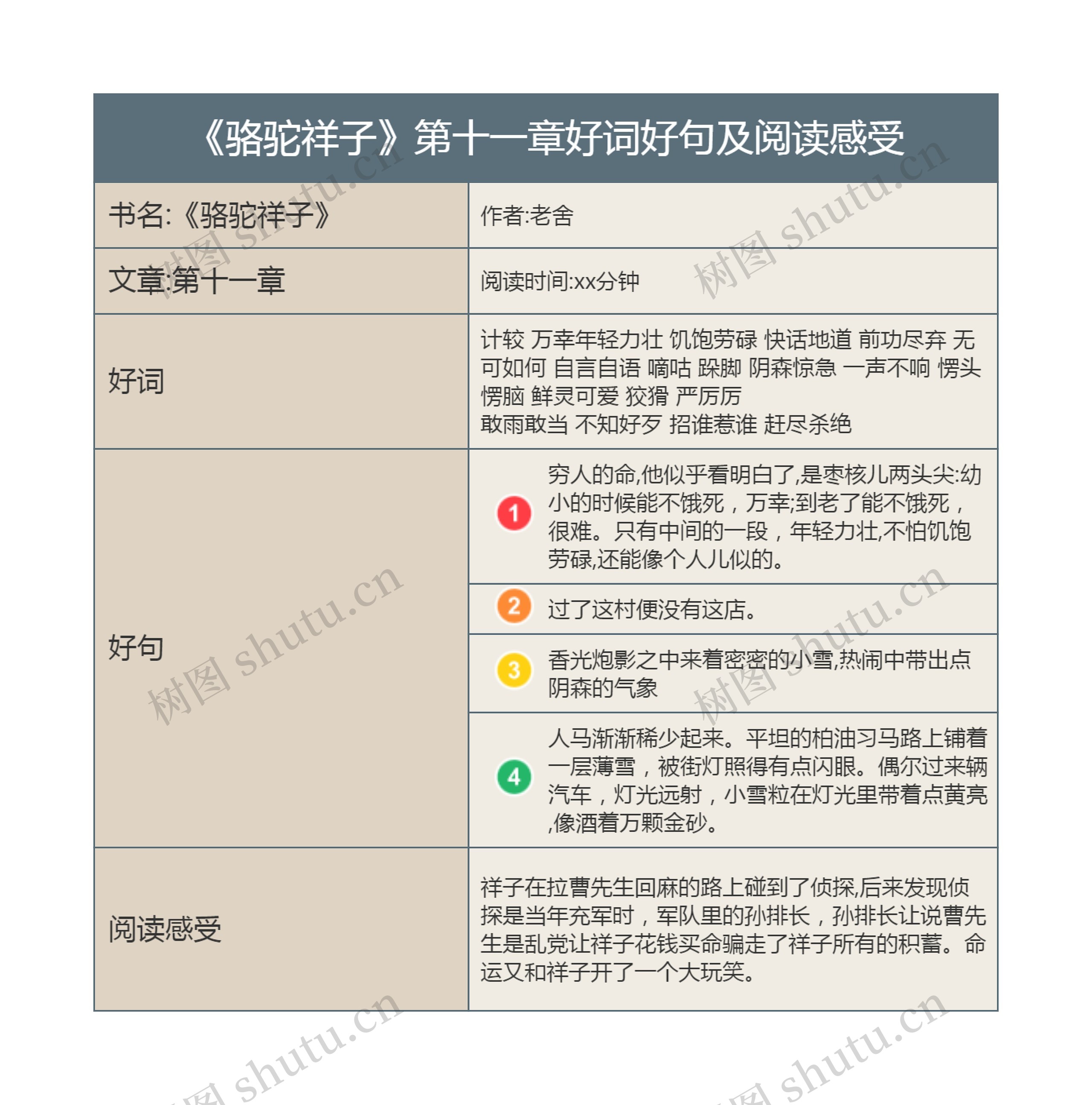 《骆驼祥子》第十一章好词好句及阅读感受思维导图