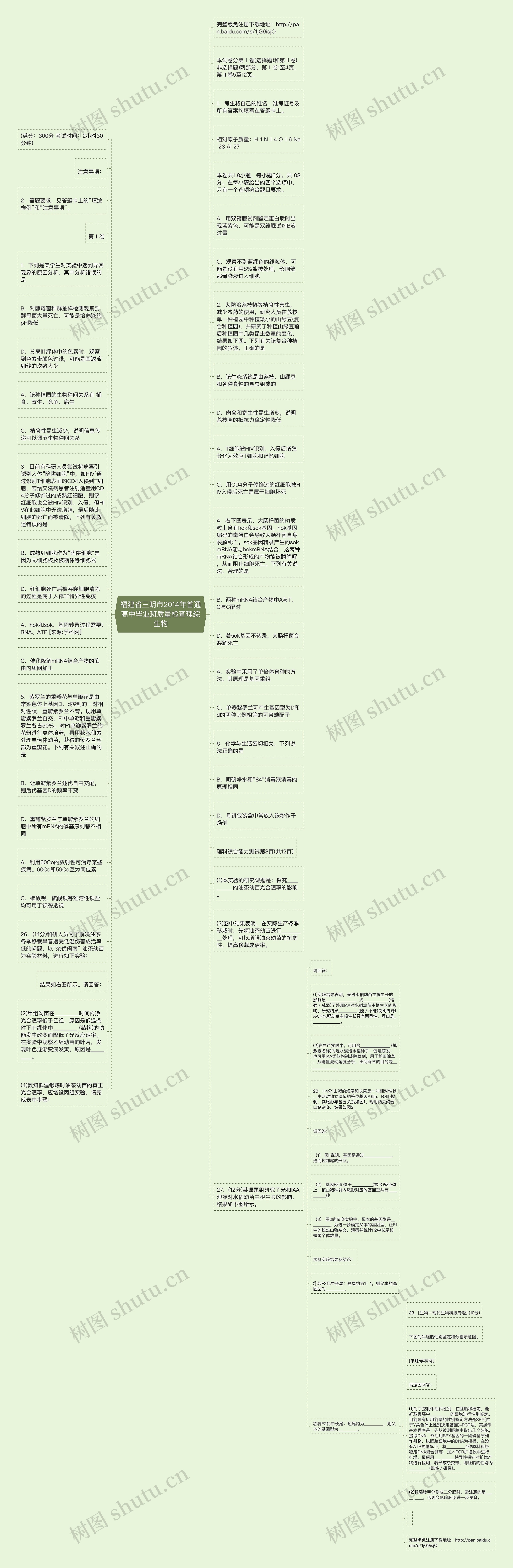 福建省三明市2014年普通高中毕业班质量检查理综生物