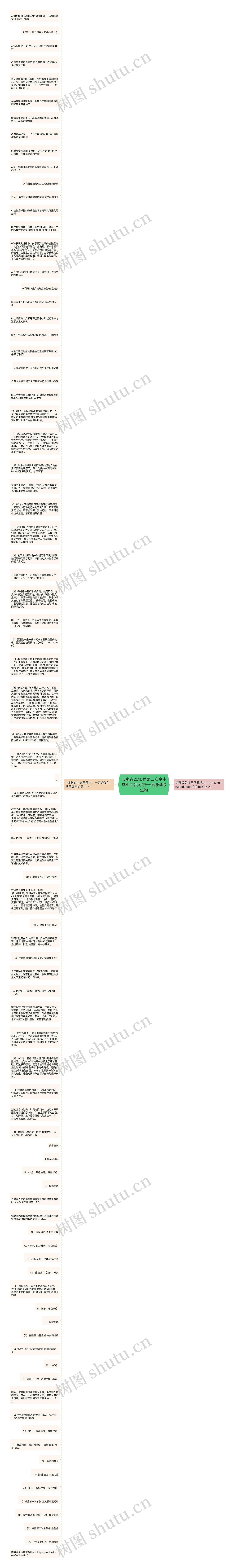 云南省2016届第二次高中毕业生复习统一检测理综生物