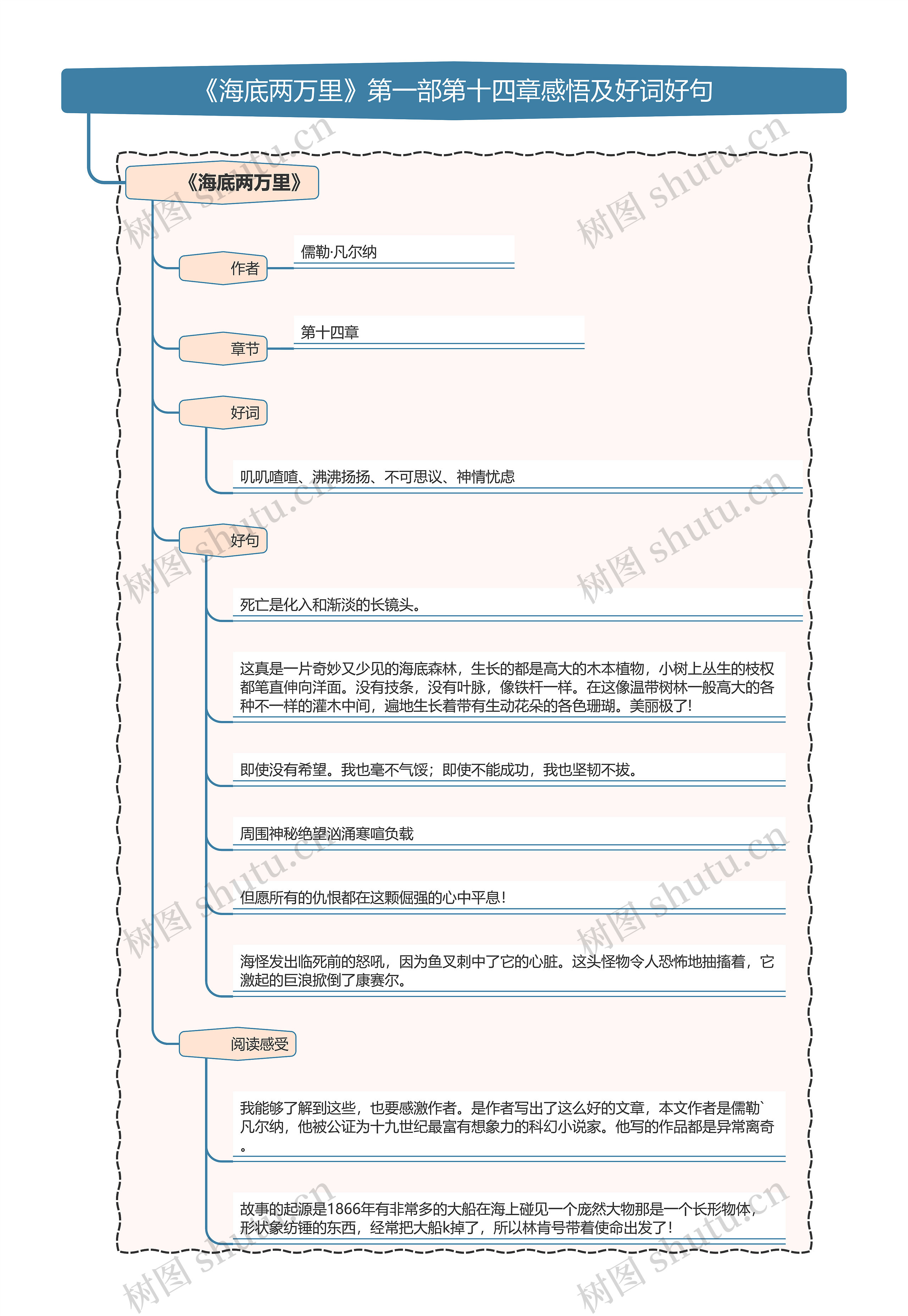 《海底两万里》第一部第十四章感悟及好词好句思维导图