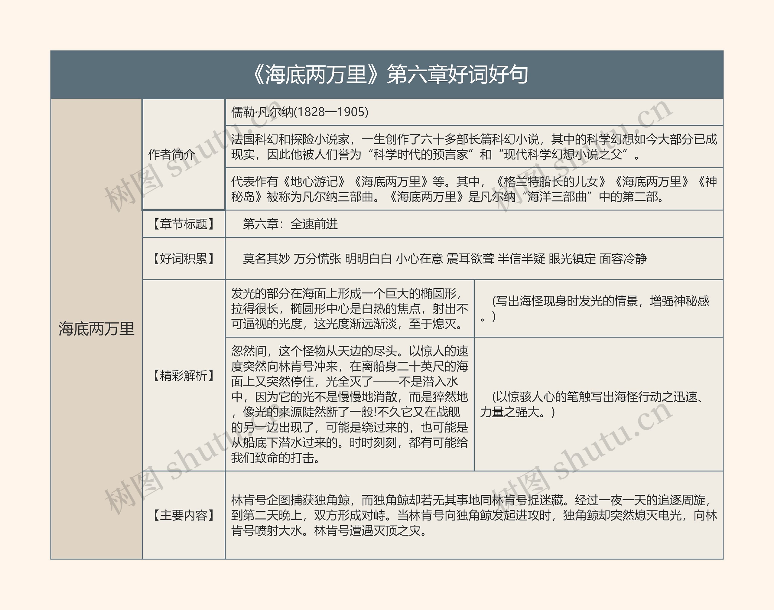 《海底两万里》第六章好词好句的思维导图